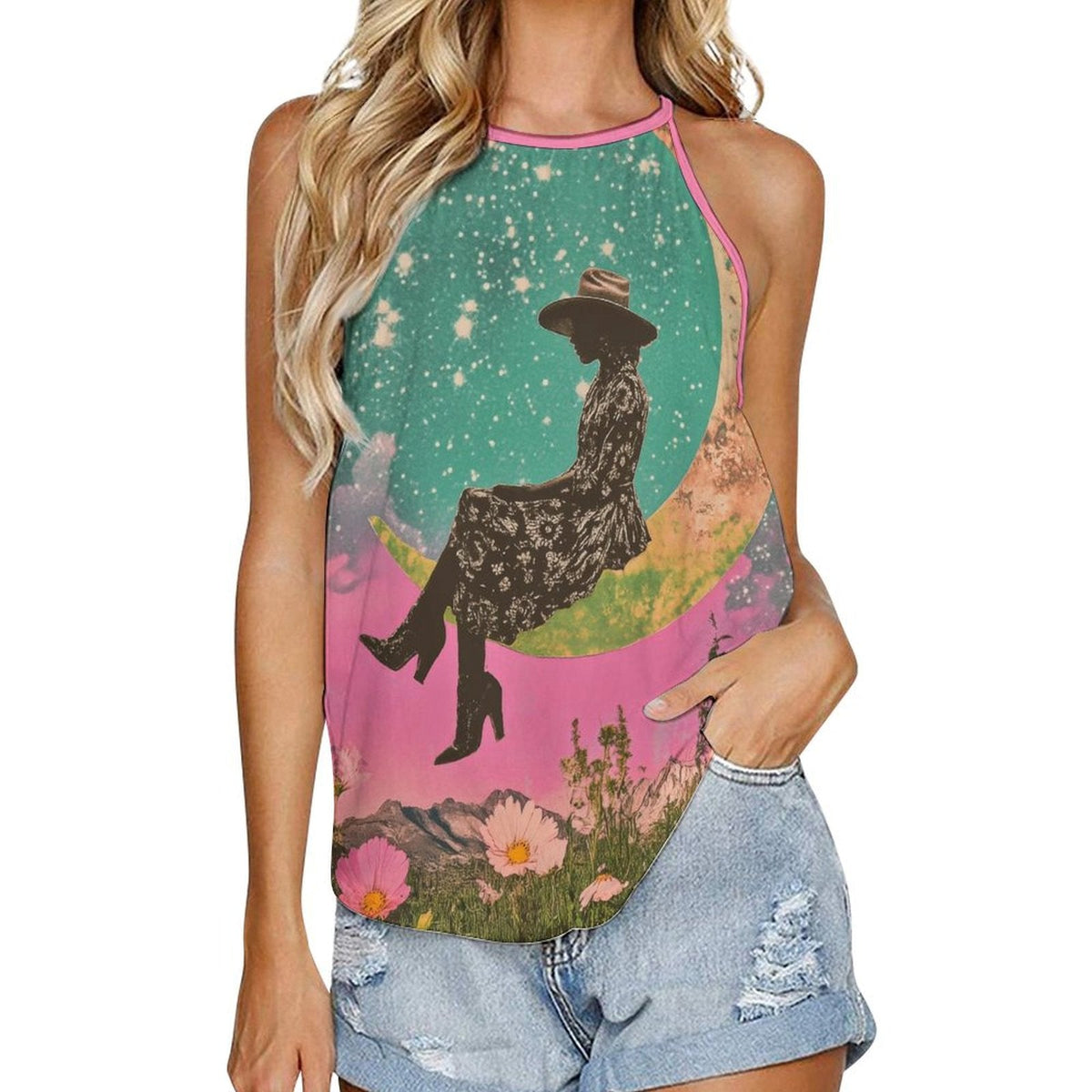 Baha Ranch Cowgirl on the Moon Retro Pop Western Tank Top