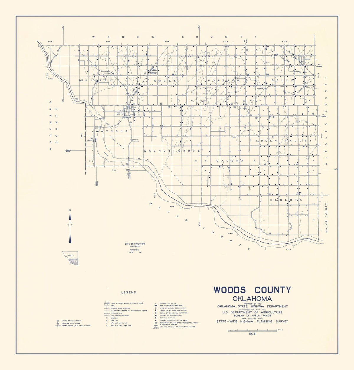 Vintage Map of Woods County, Oklahoma 1936