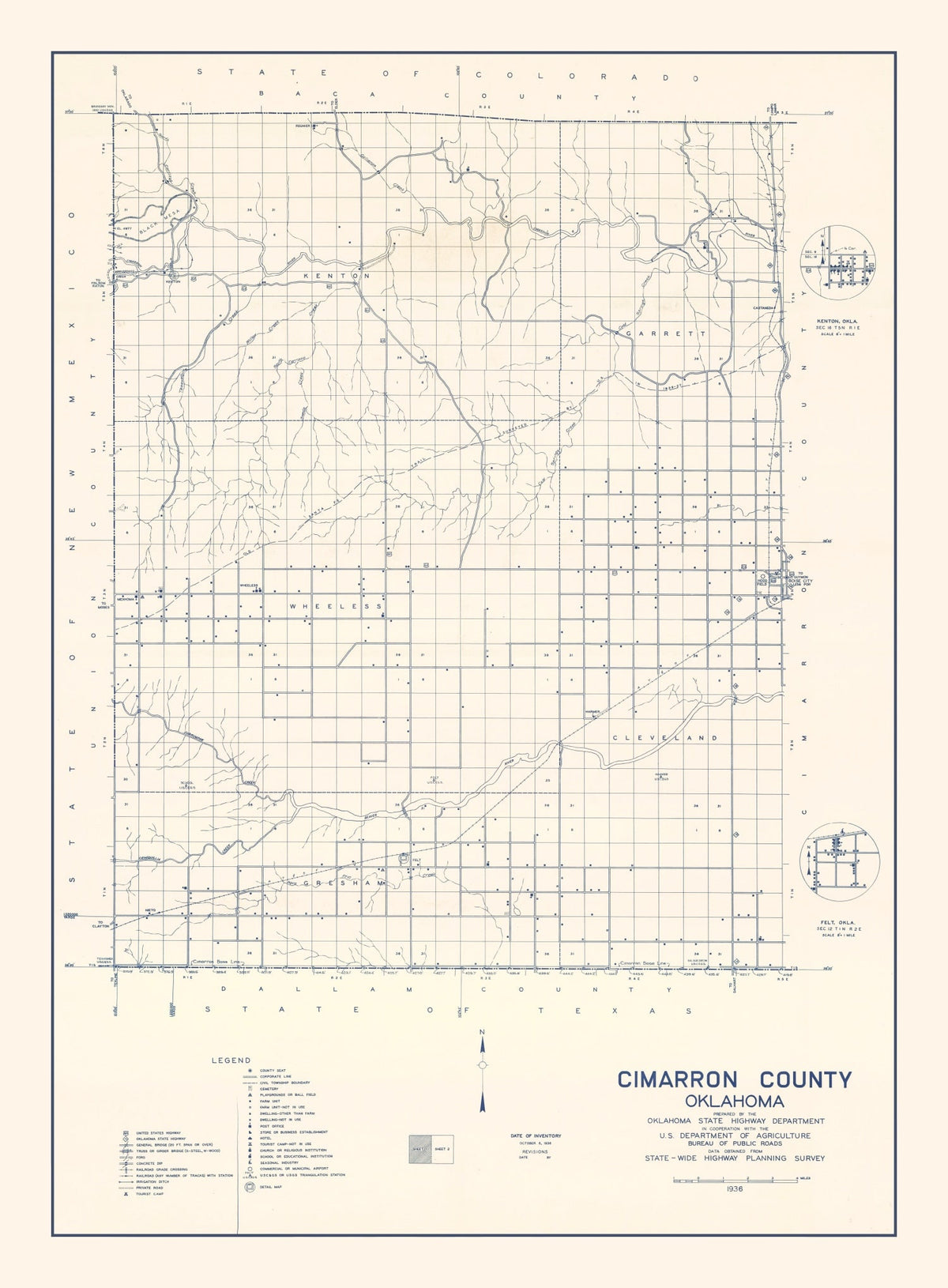 Vintage Map of Cimarron County, Oklahoma 1936