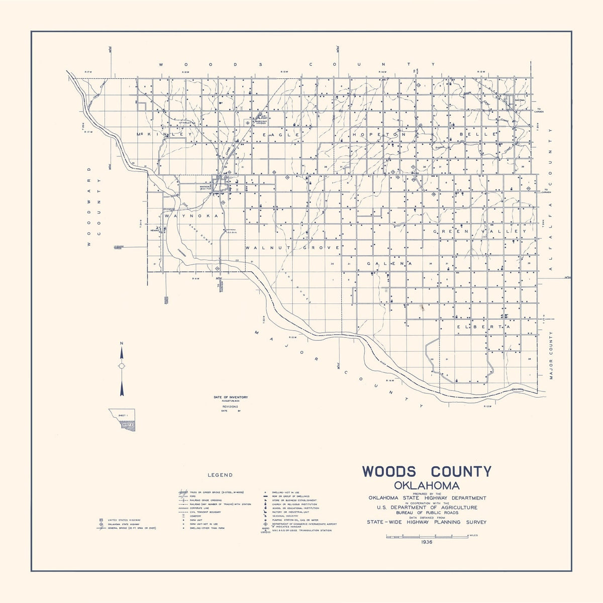 Vintage Map of Woods County, Oklahoma 1936