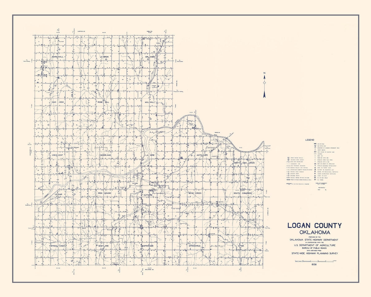 Vintage Map of Logan County, Oklahoma 1936