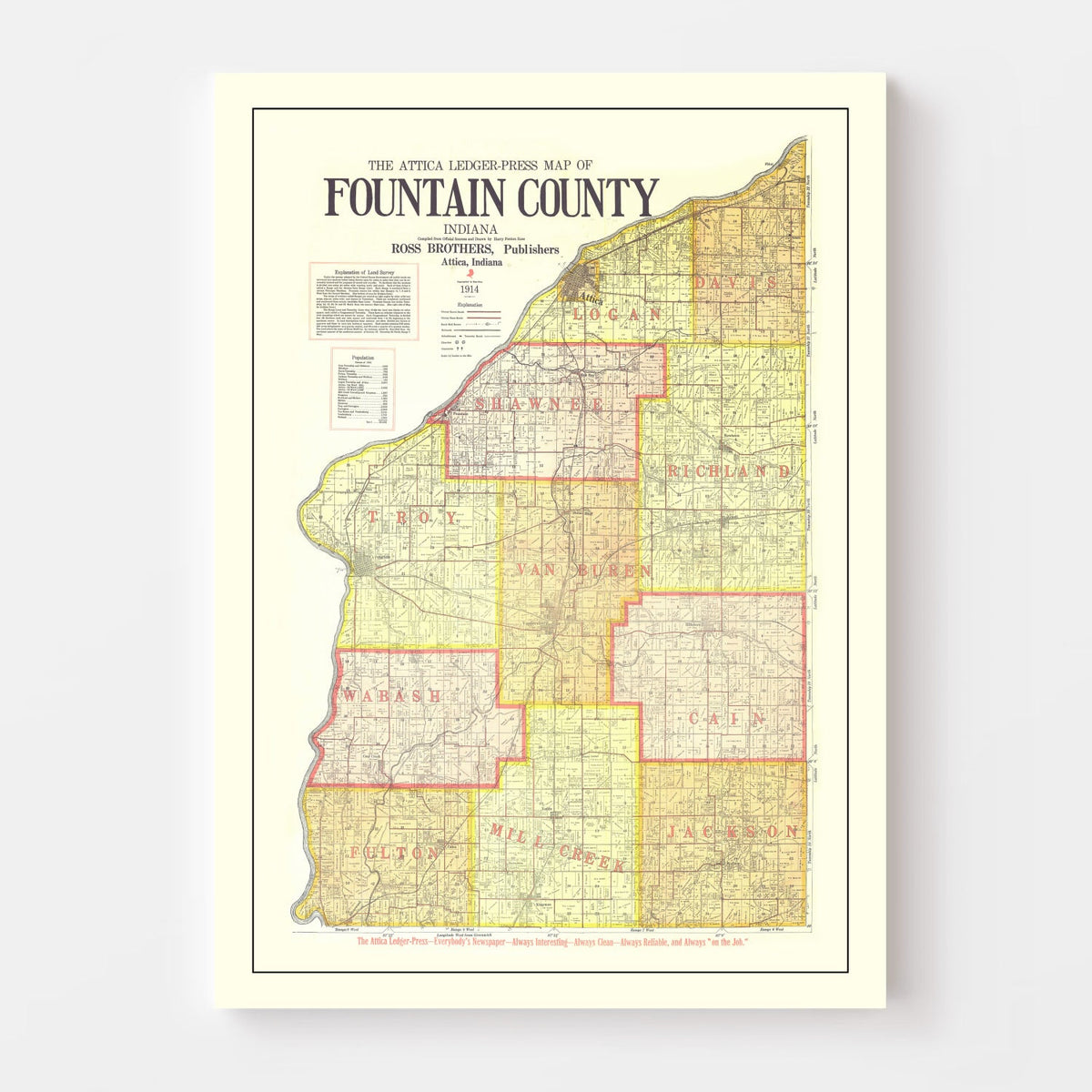 Vintage Map of Attica County, Indiana 1914