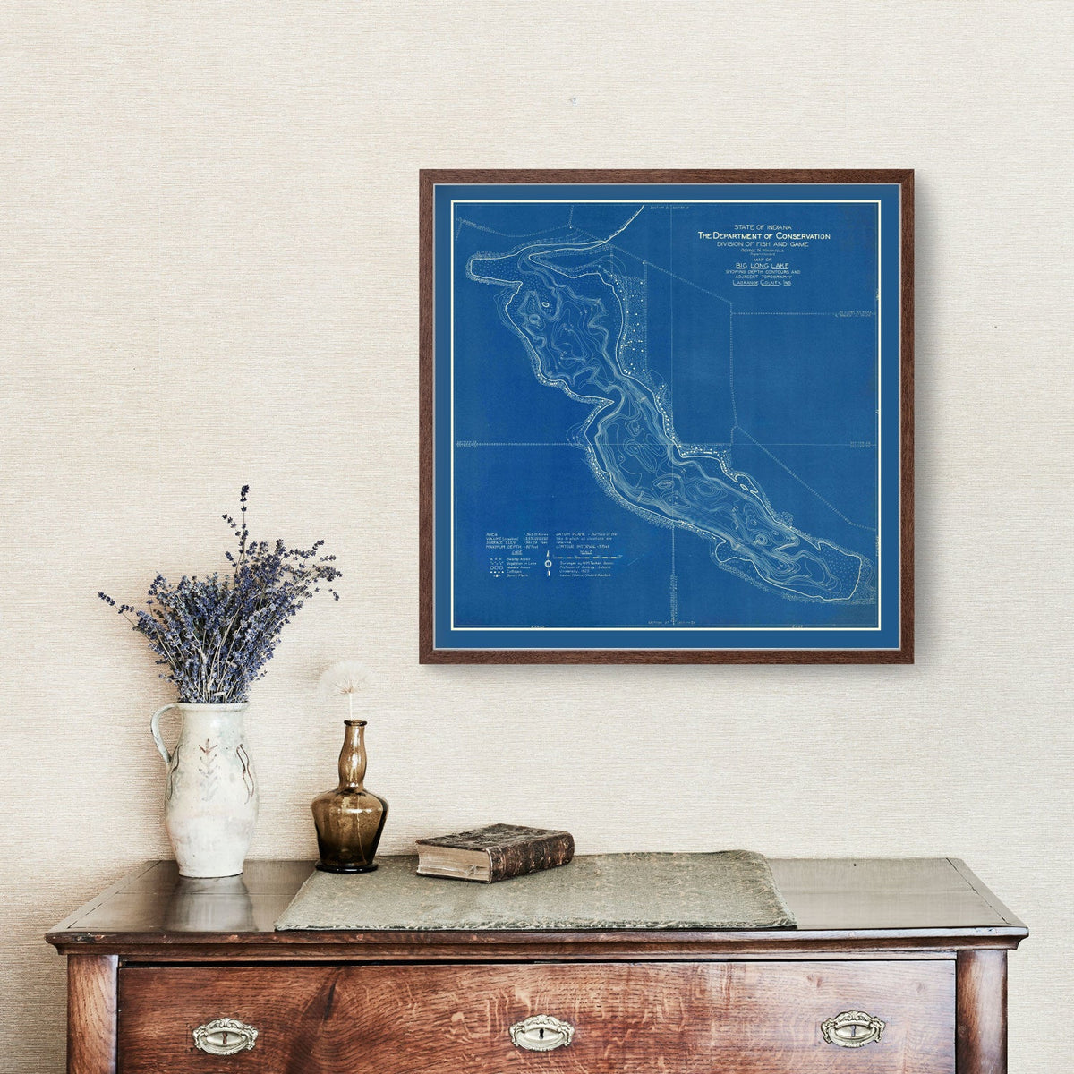 Vintage Big Long Lake, IN Map 1925