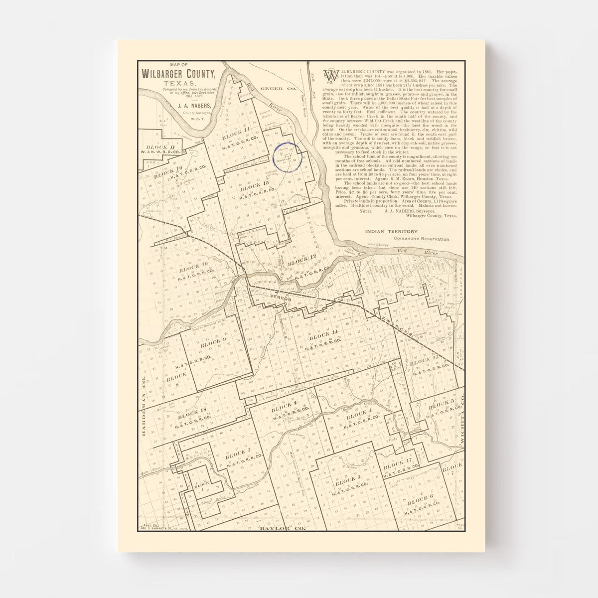 Vintage Map of Wilbarger County, Texas 1887