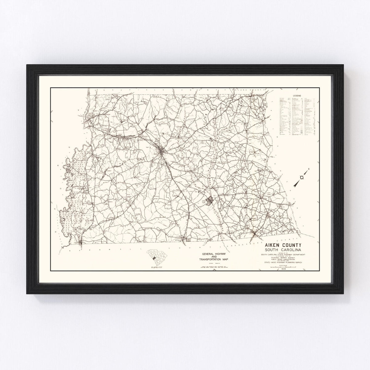Vintage Map of Aiken County, South Carolina 1939