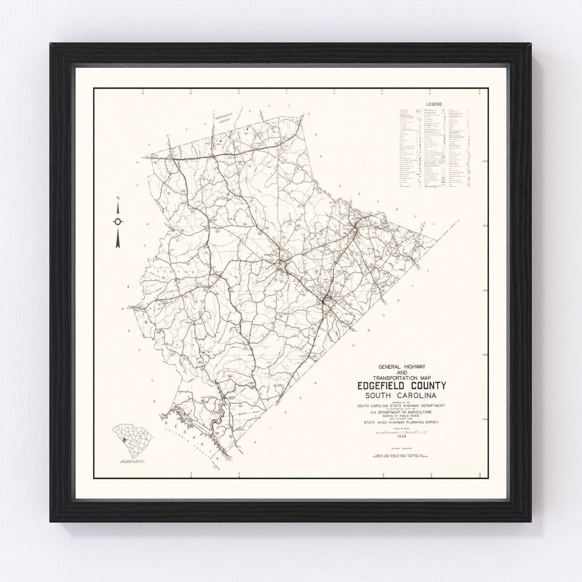 Vintage Map of Edgefield County, South Carolina 1939