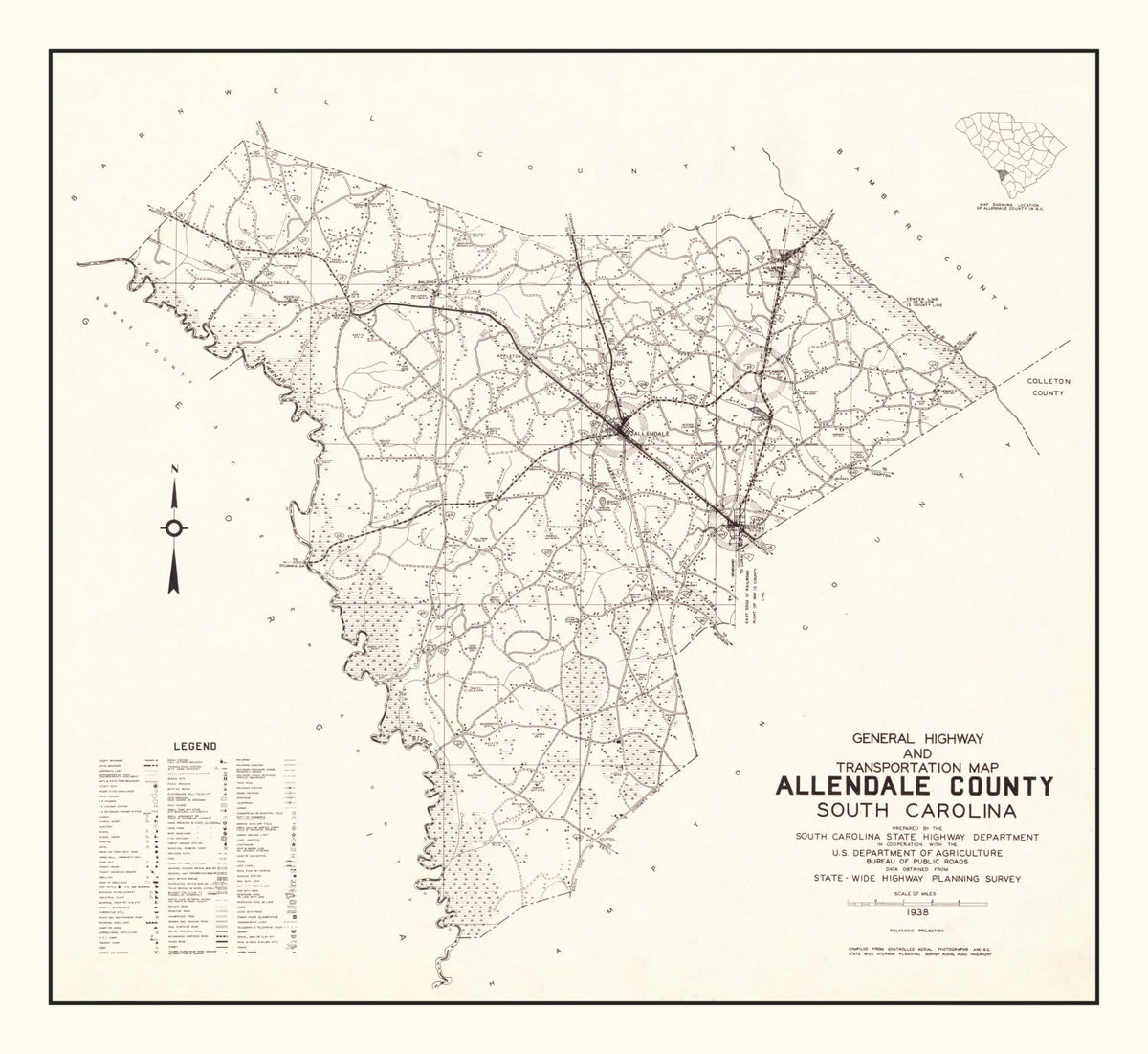 Vintage Map of Allendale County, South Carolina 1938