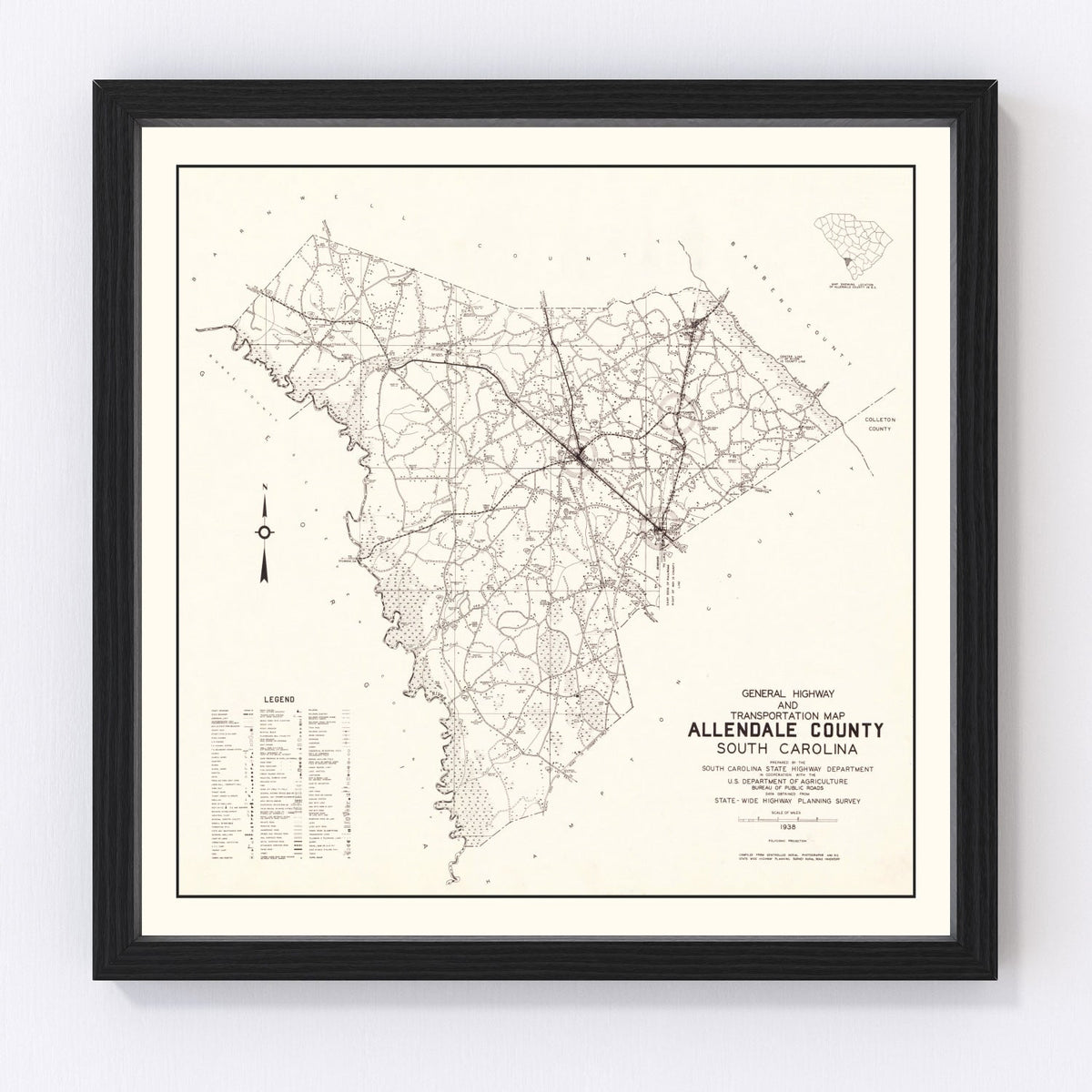 Vintage Map of Allendale County, South Carolina 1938