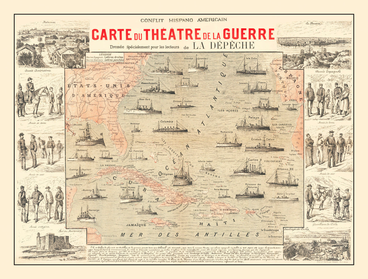 Vintage Spanish American War Map of the Atlantic 1898