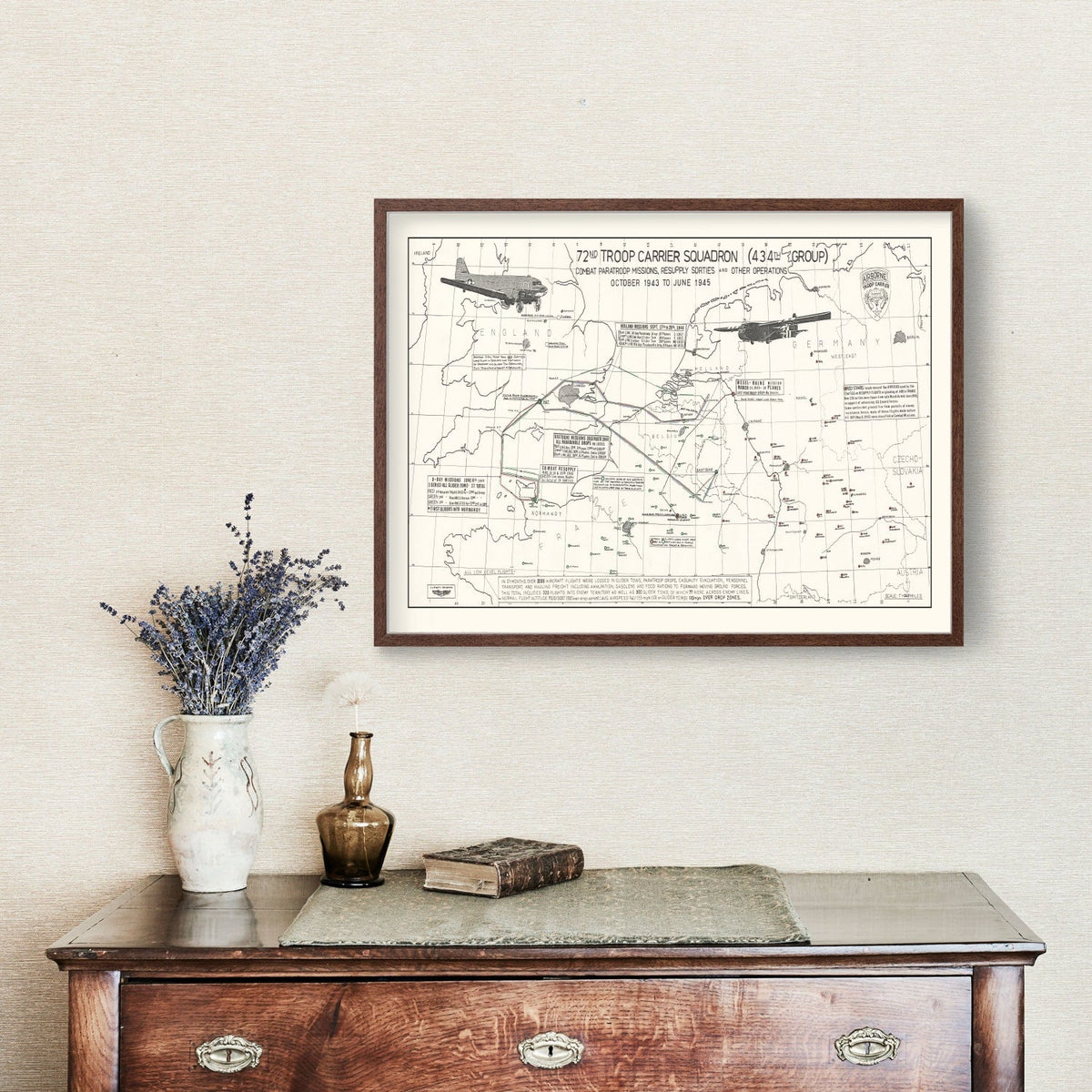 Vintage Map of the 72nd Troop Carrier Squadron Over Europe During WWII Map 1972