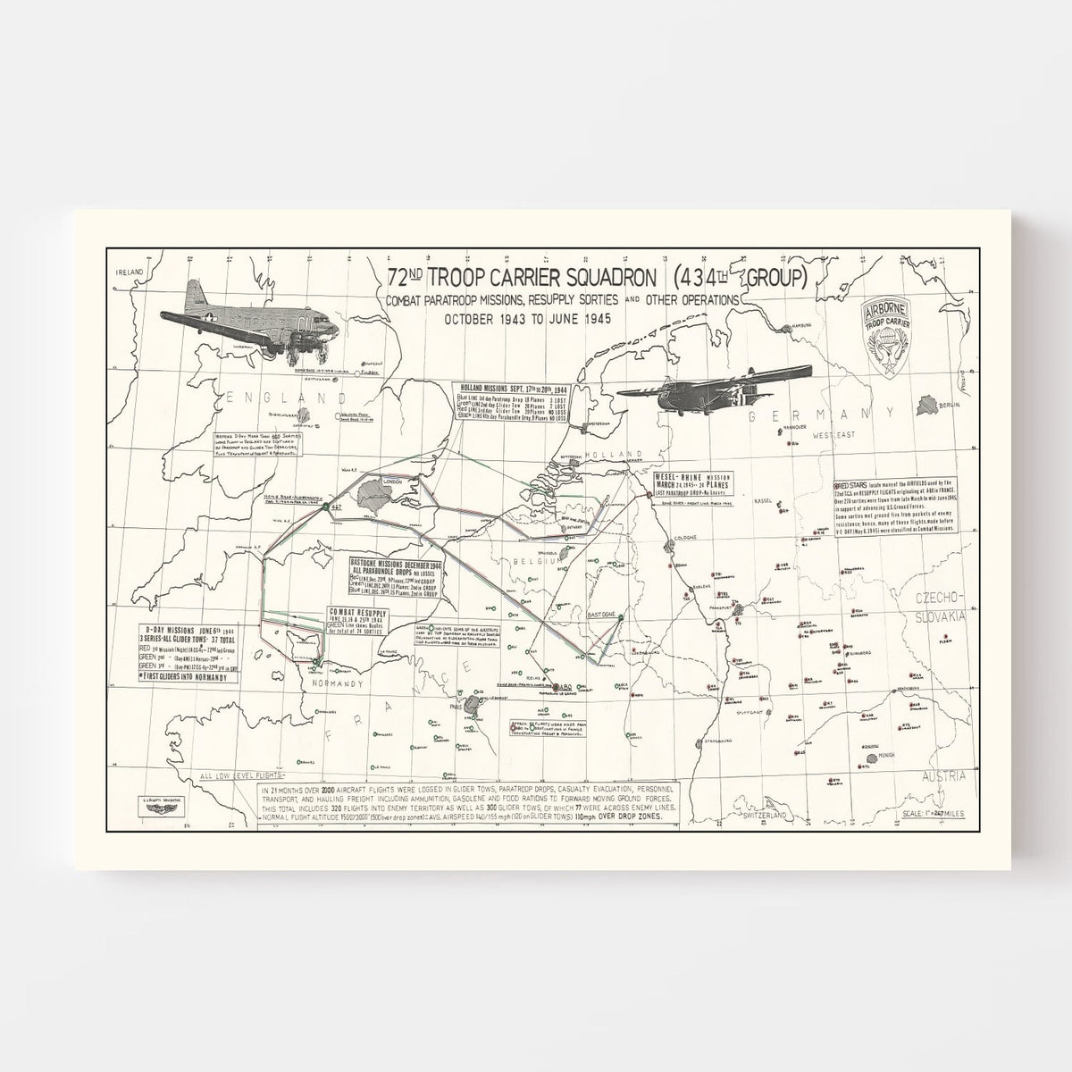 Vintage Map of the 72nd Troop Carrier Squadron Over Europe During WWII Map 1972