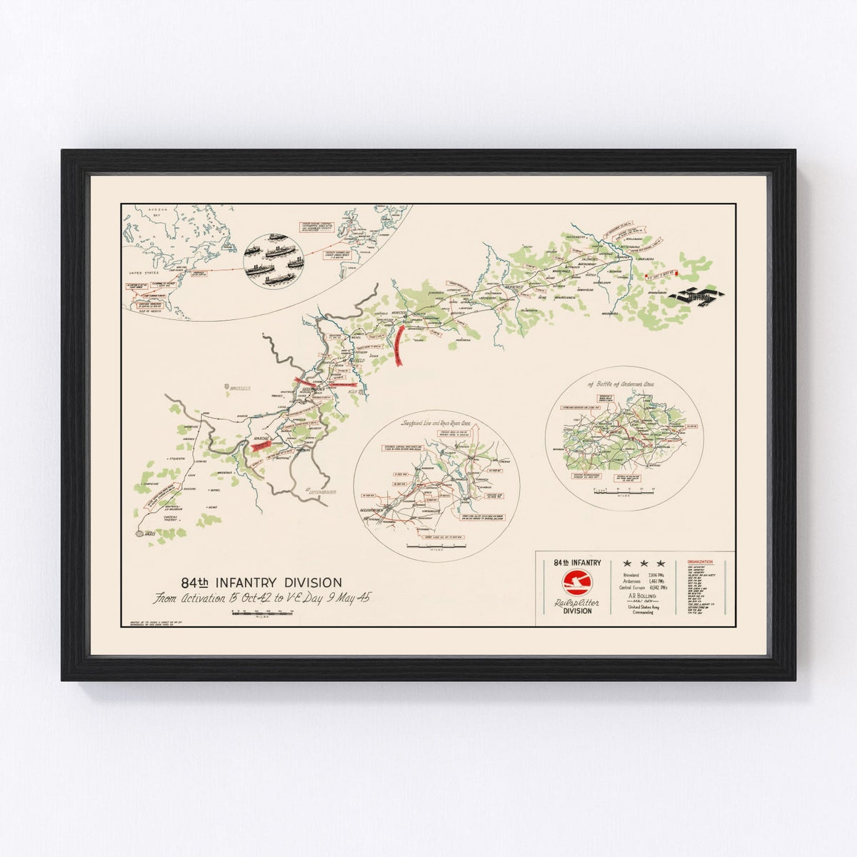 Vintage 84th Infantry Division Route Map of Europe 1945