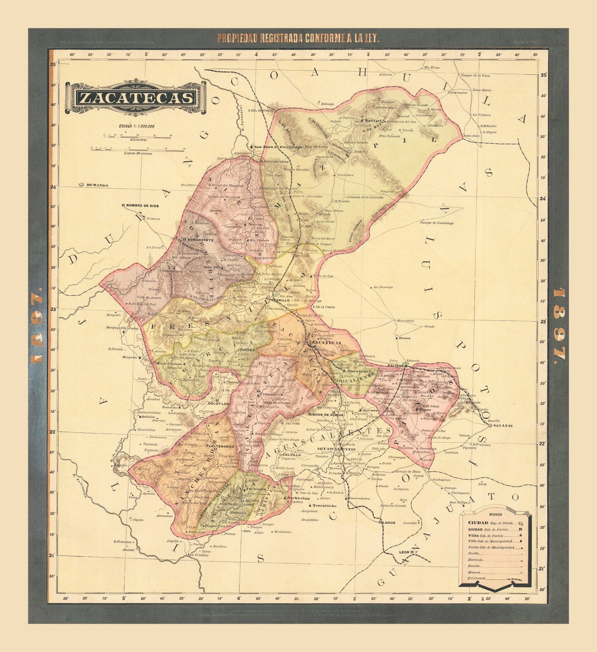 Vintage Zacatecas, Mexico Map 1897