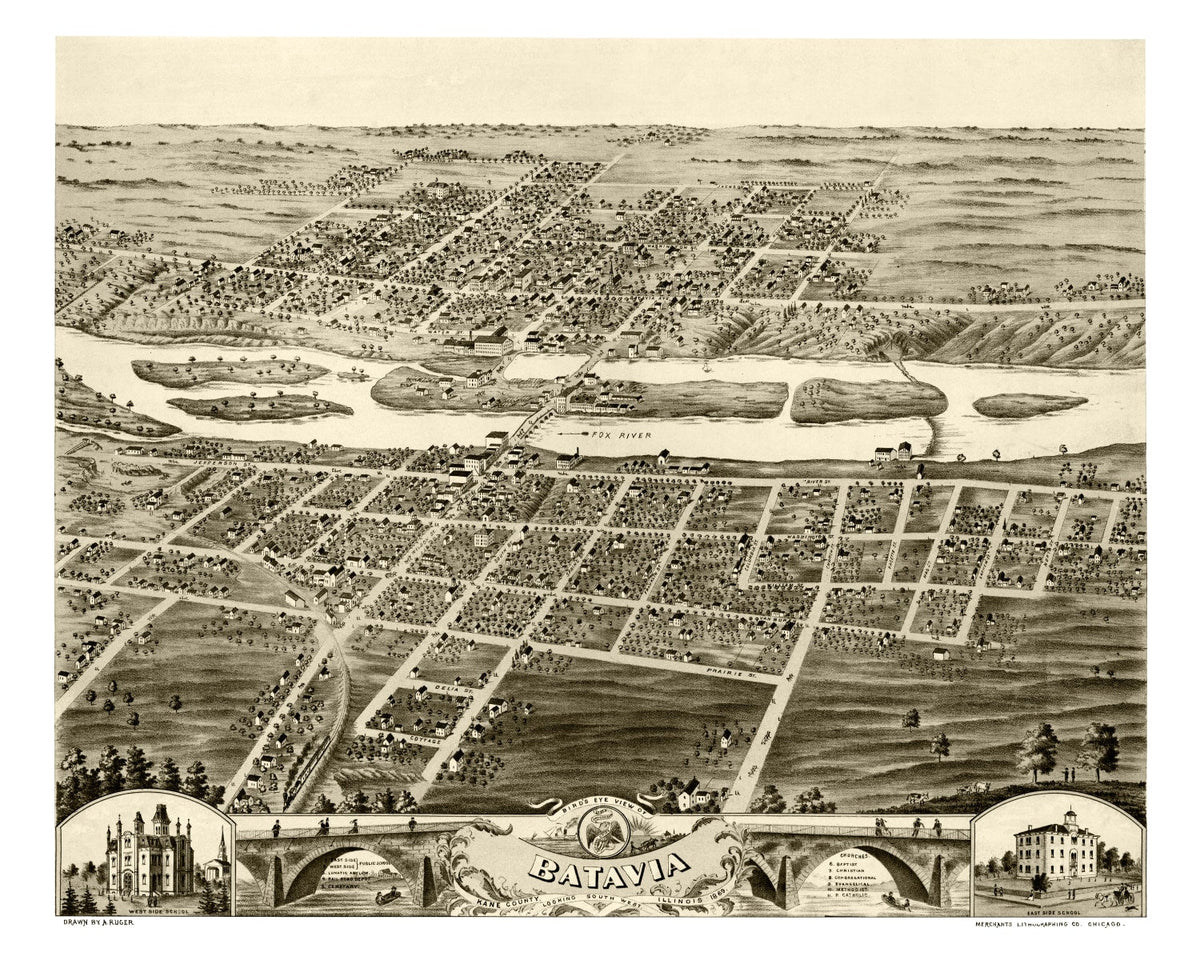 Vintage Map of Batavia, Illinois 1869