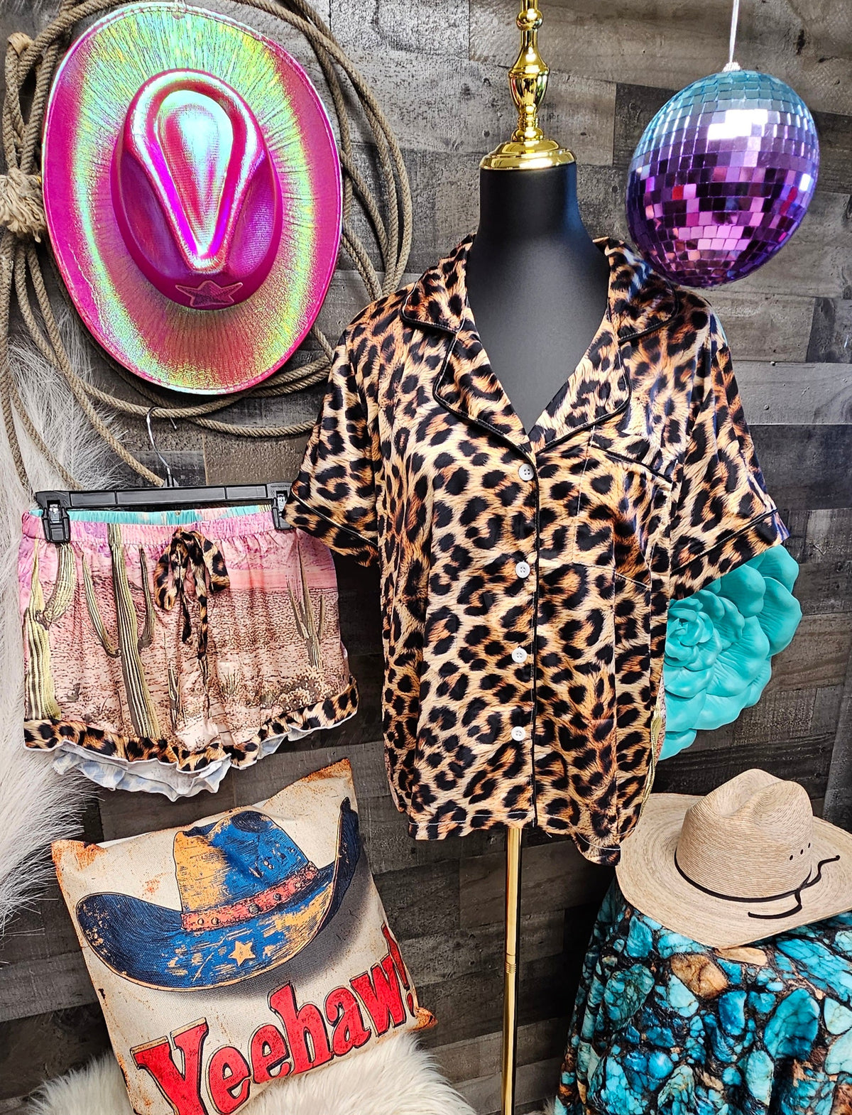 Baha Ranch Retro Pop Western Leopard Desert Cowgirl Satin Pajamas