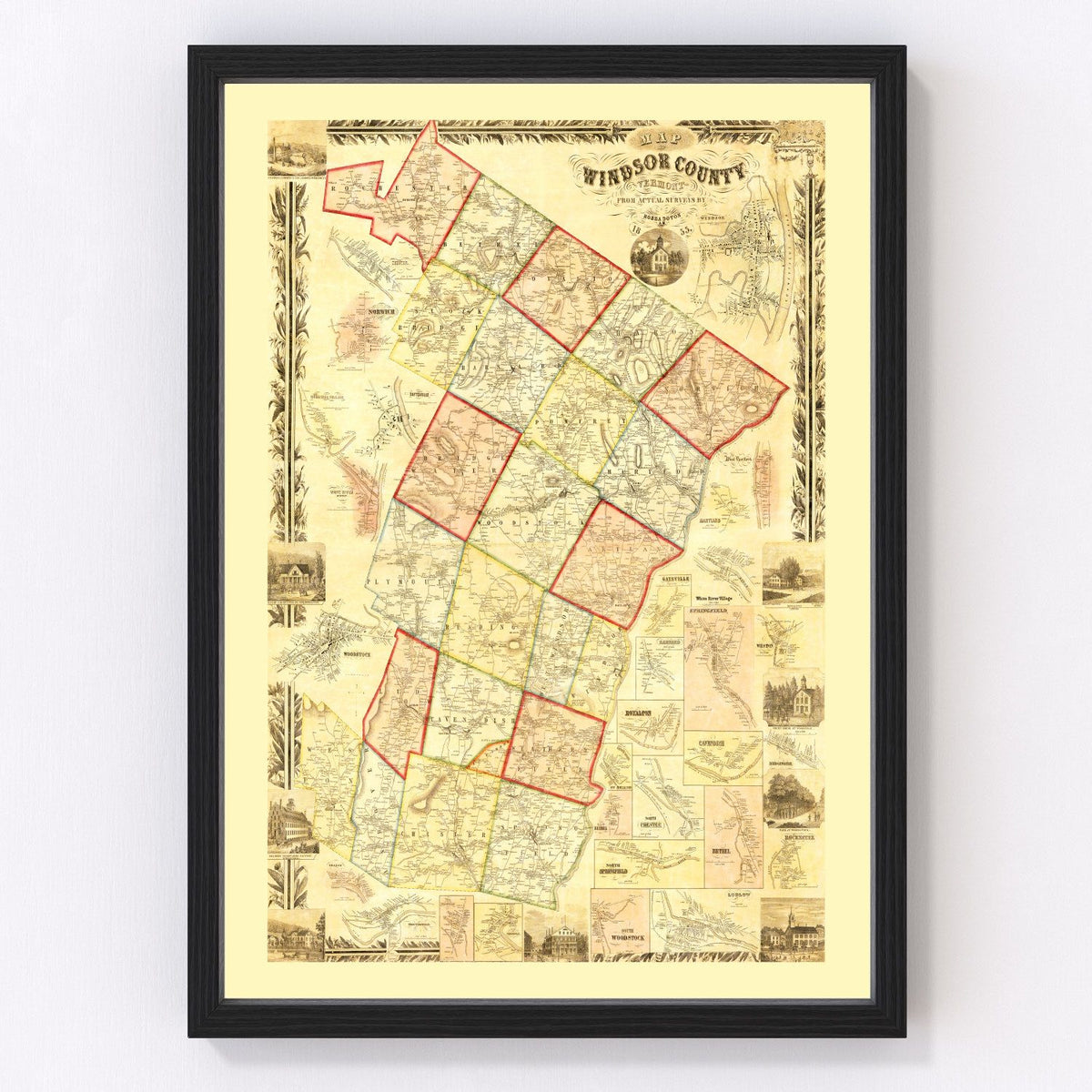 Vintage Map of Windsor County, Vermont 1855