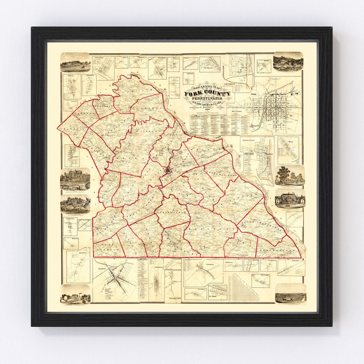 Vintage Map of York County, Pennsylvania 1860