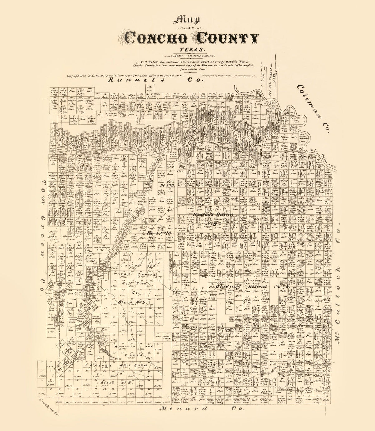 Vintage Map of Concho County, Texas 1879