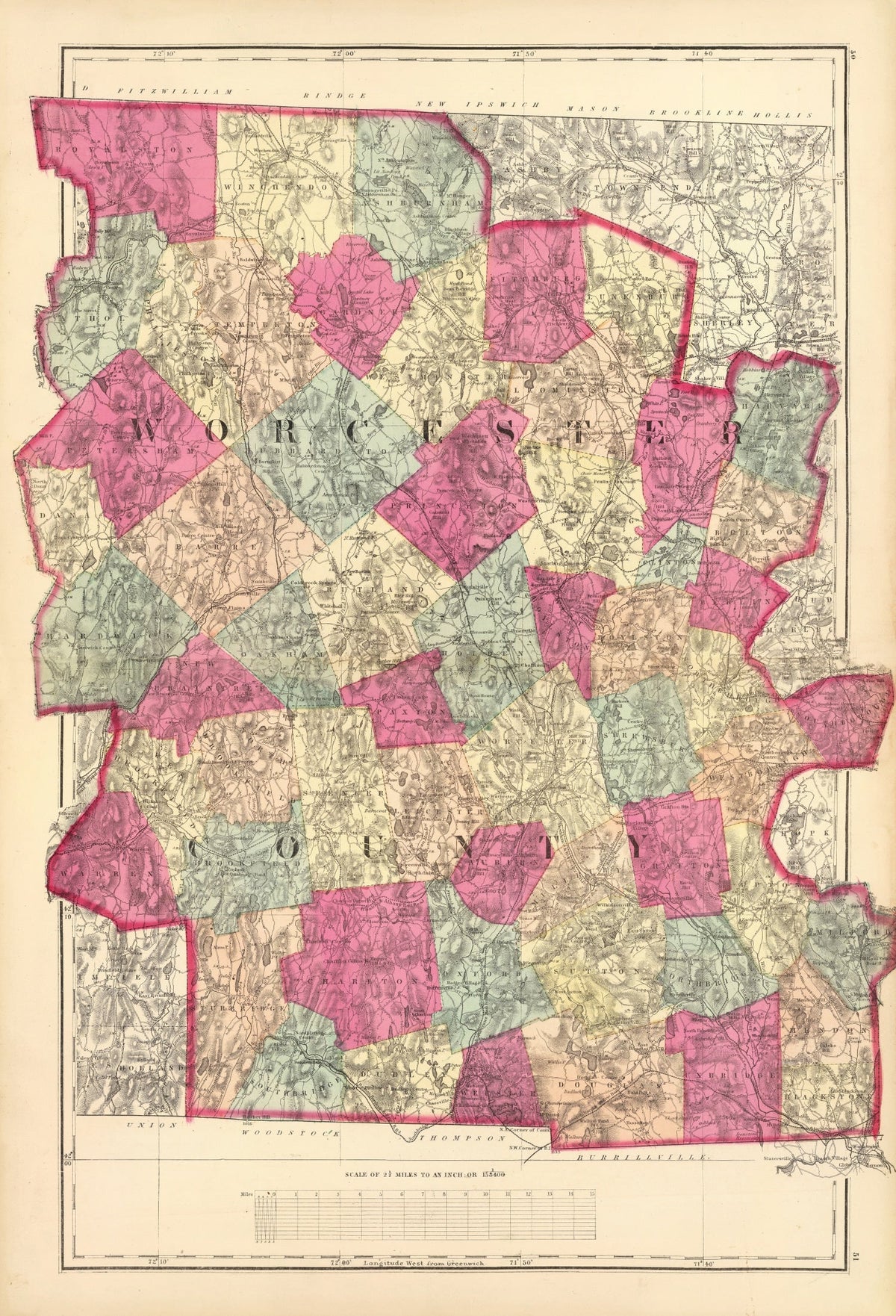 Vintage Map of Worcester County, Massachusetts 1871