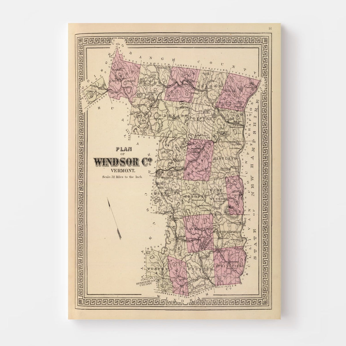 Vintage Map of Windsor County, Vermont 1876