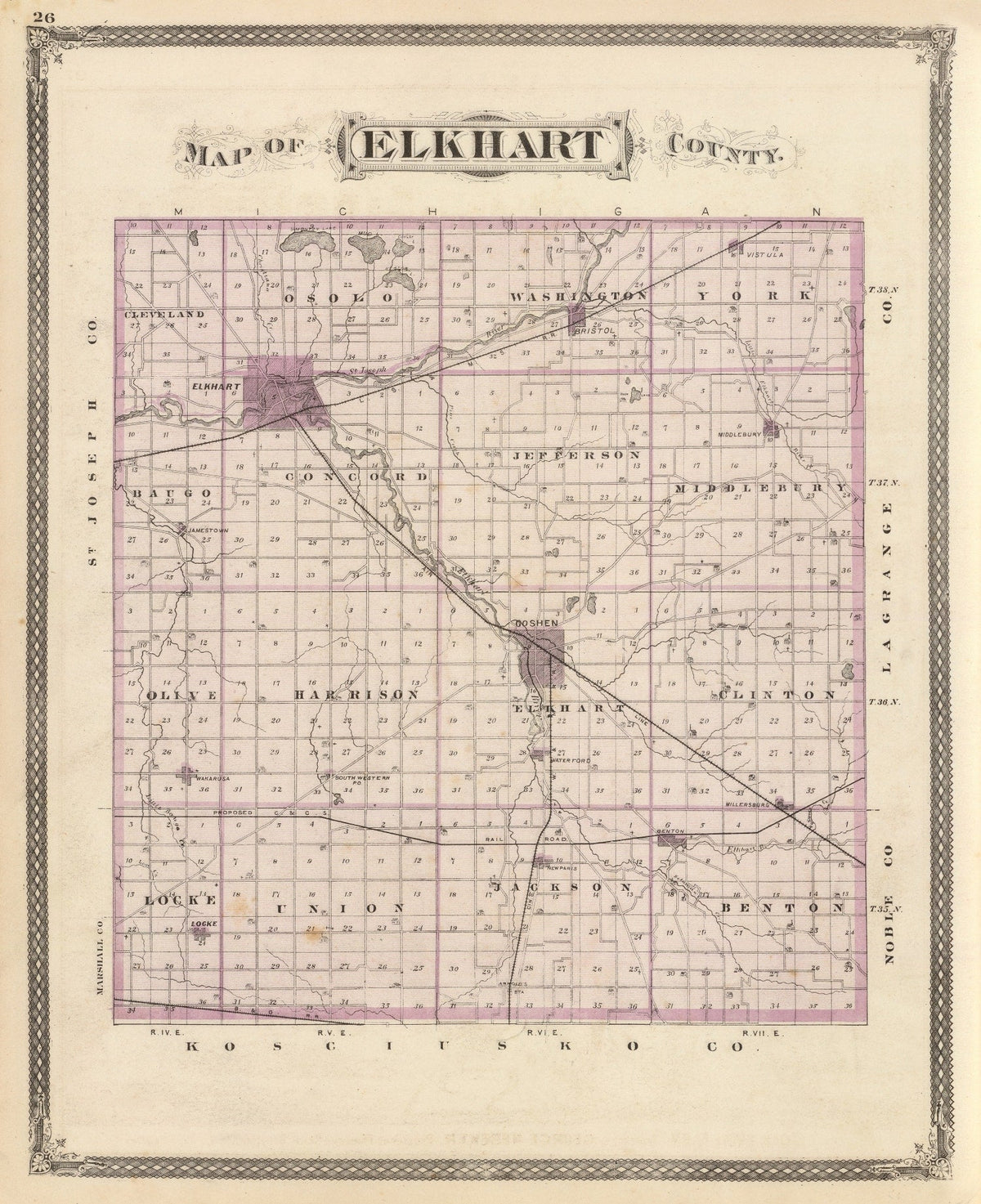 Vintage Map of Elkhart County, Indiana 1876