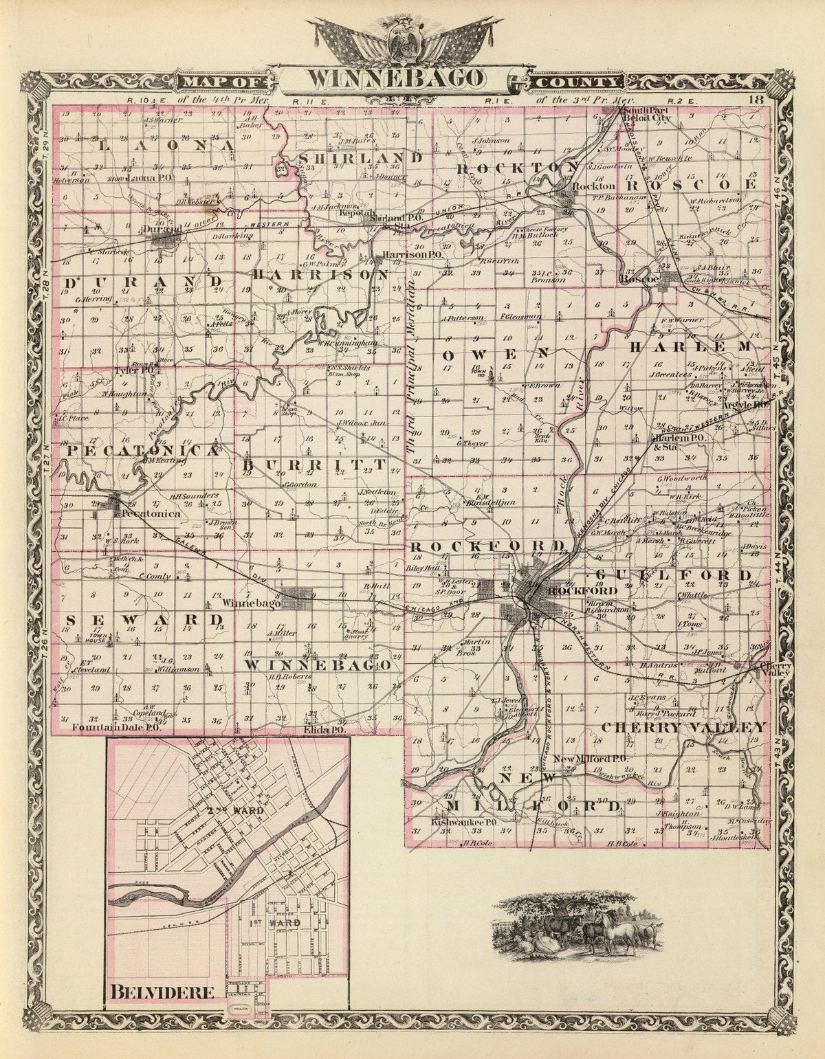 Vintage Map of Winnebago County, Illinois 1876