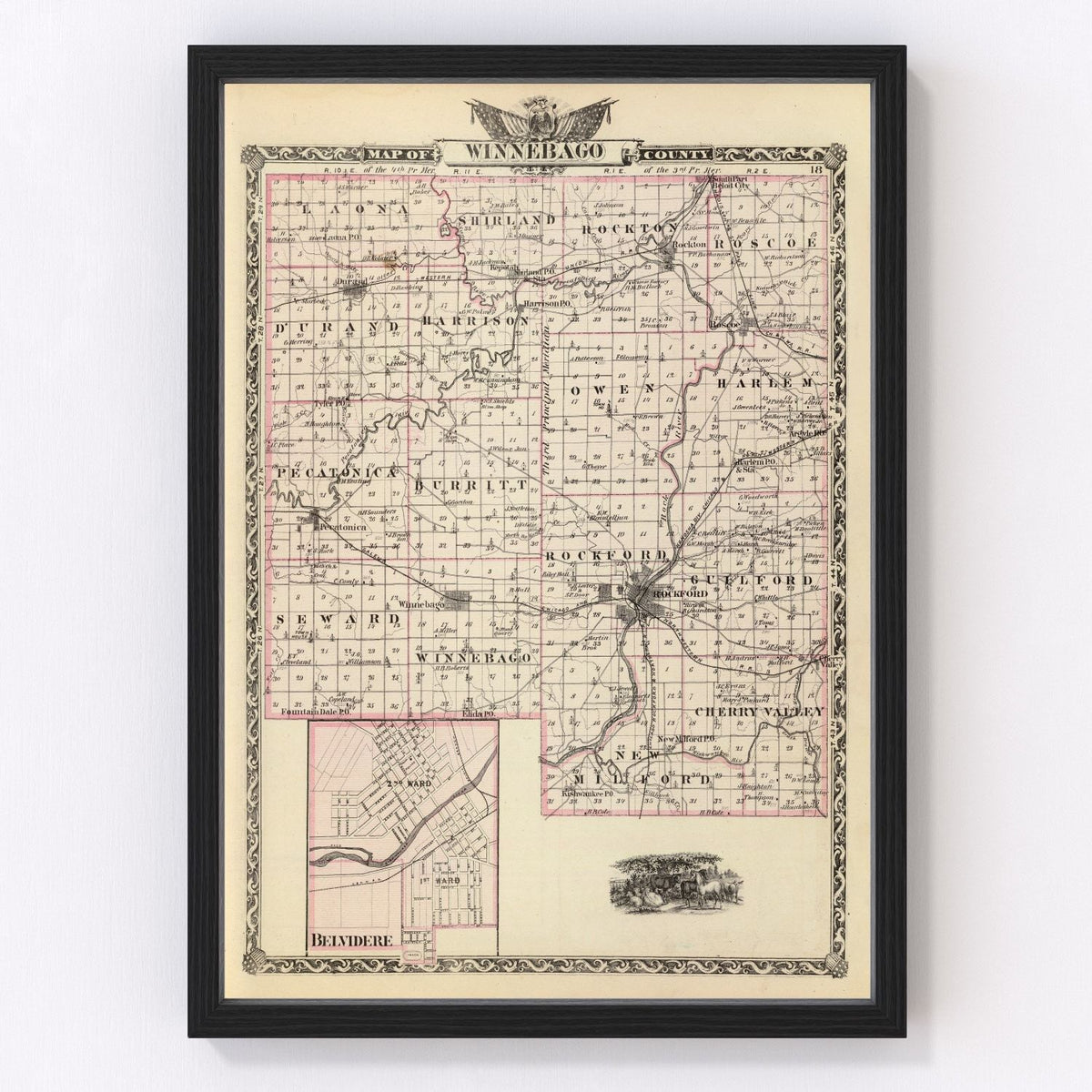 Vintage Map of Winnebago County, Illinois 1876