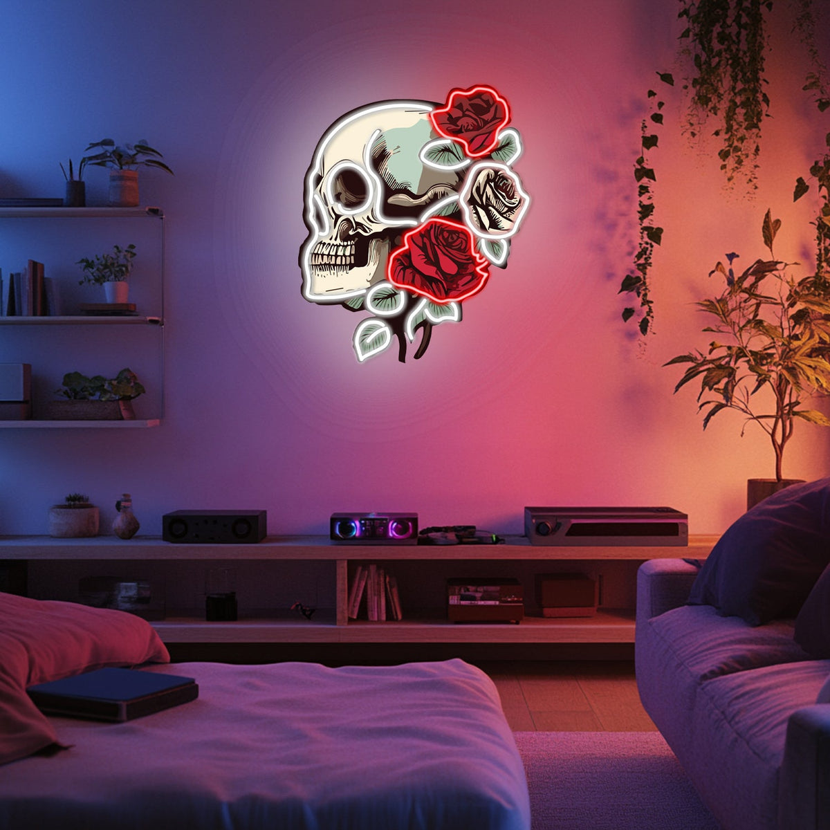 UV Printed Skull Blooms Neon Wall Art- LV0030