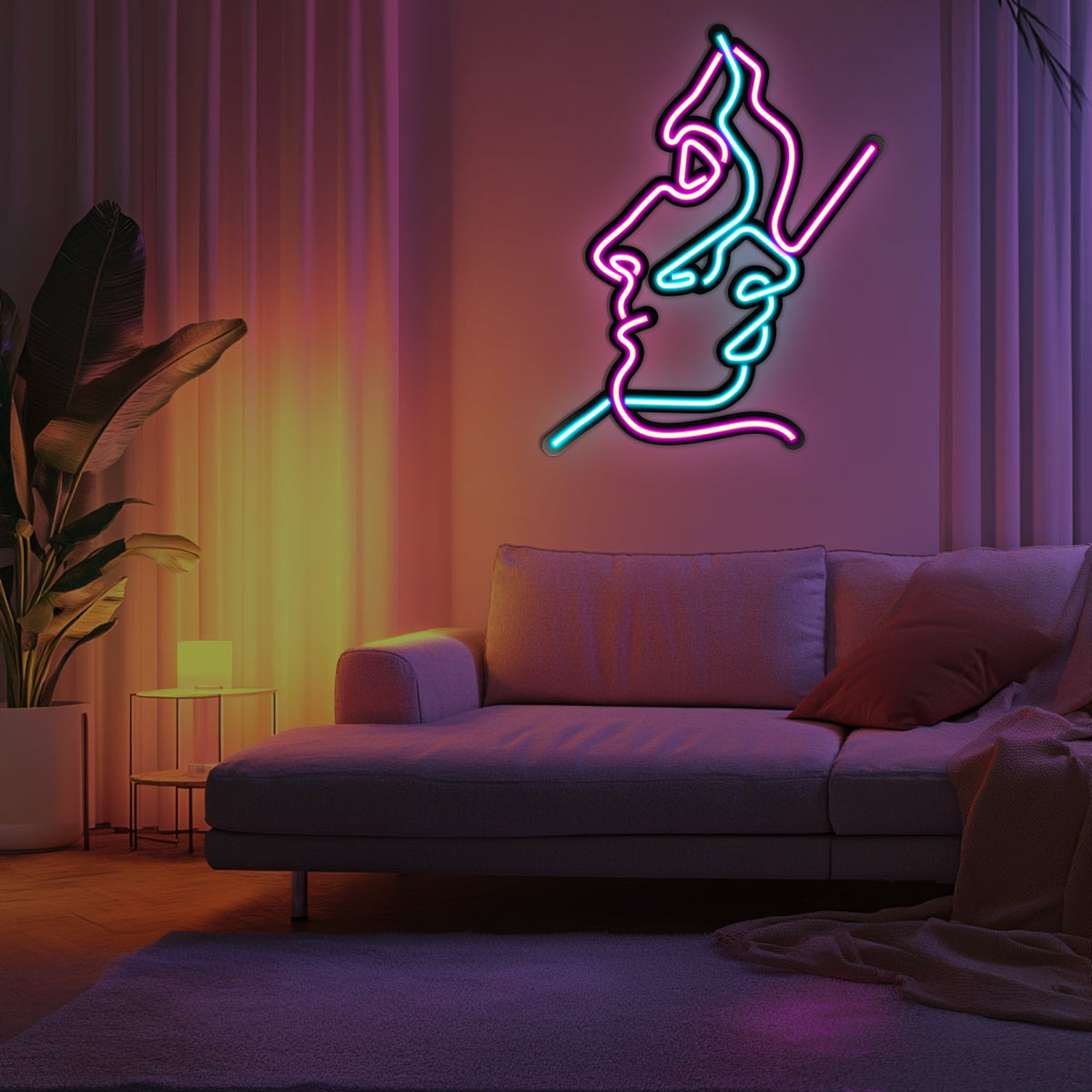 Two Faces Line Art Metal Neon Wall Art- LN0007