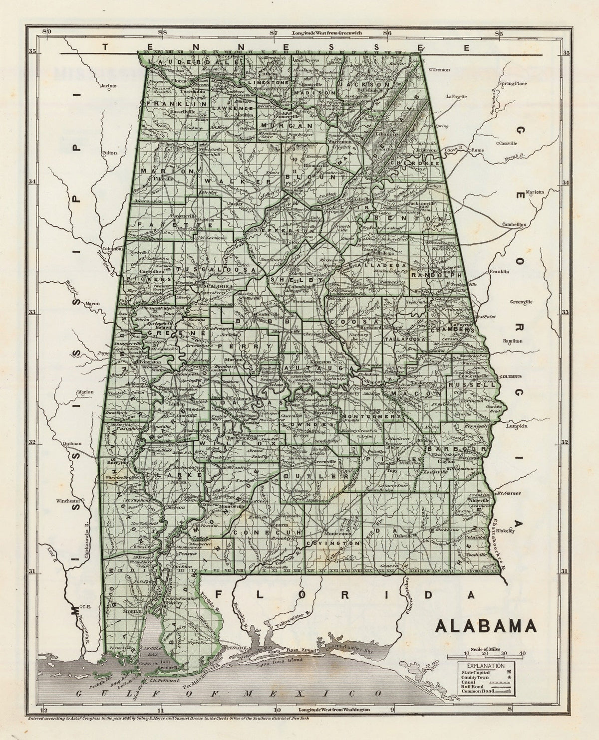 Vintage Map of Alabama 1842