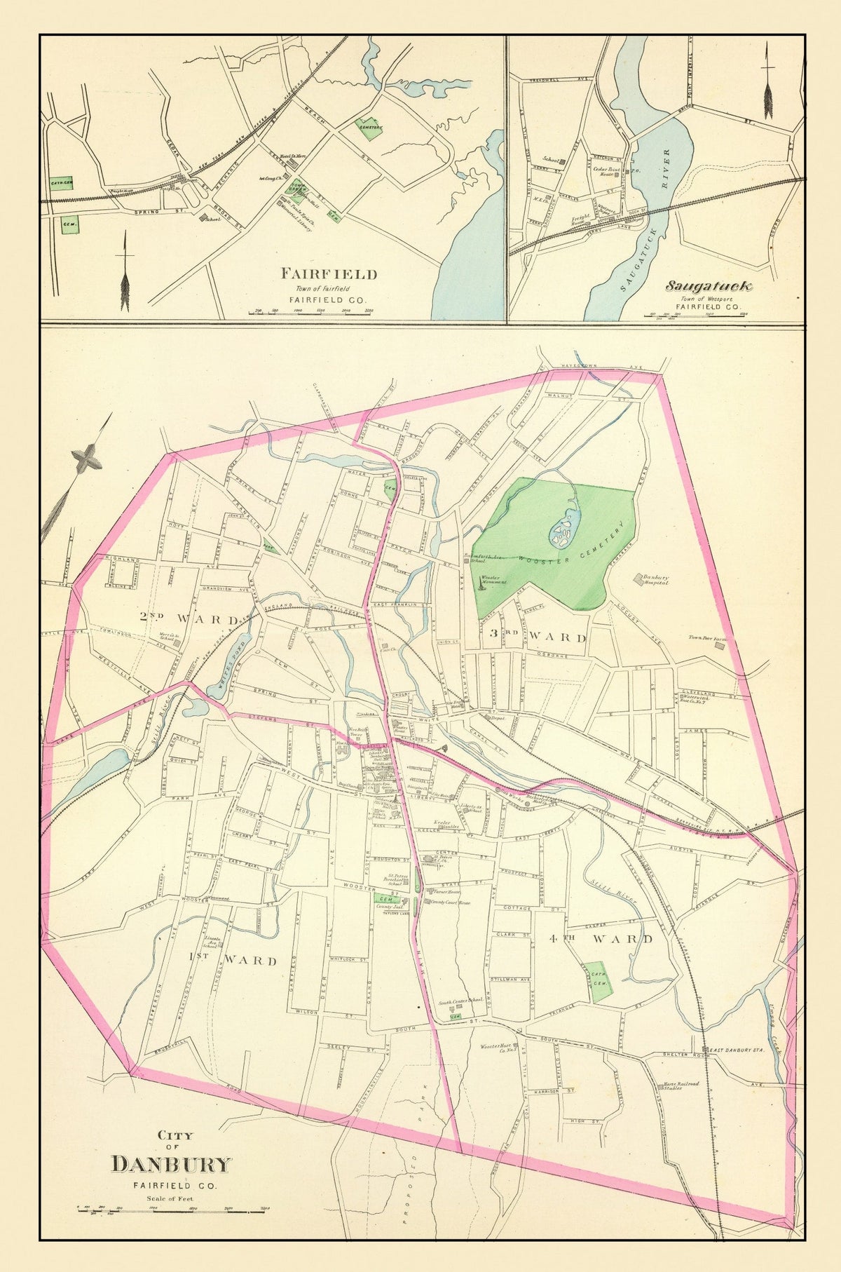 Vintage Map of Danbury, Connecticut 1893