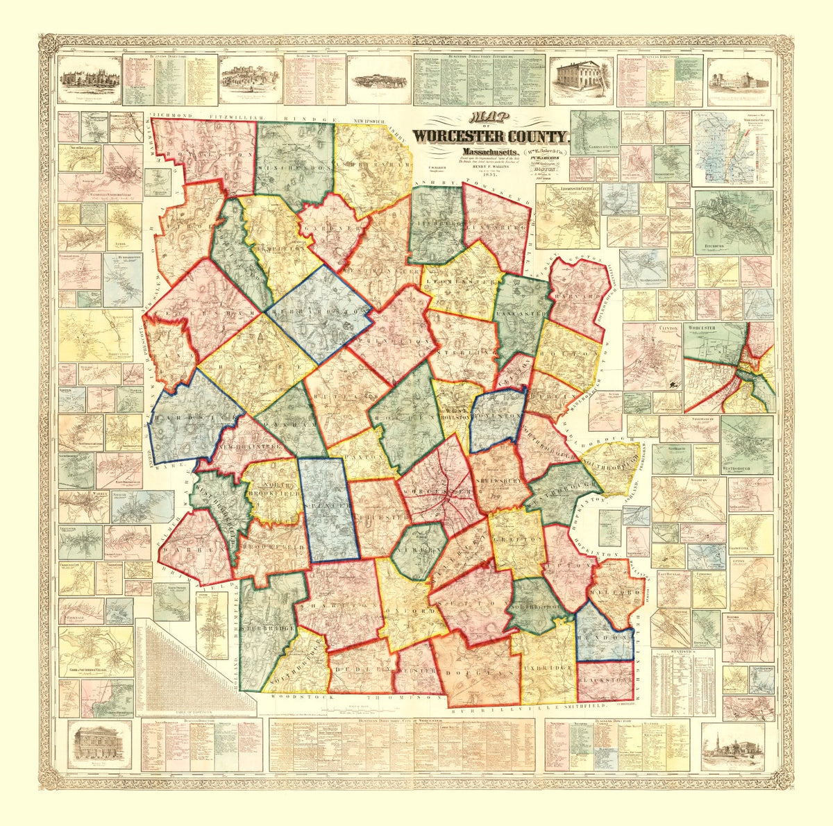 Vintage Map of Worcester County, Massachusetts 1857
