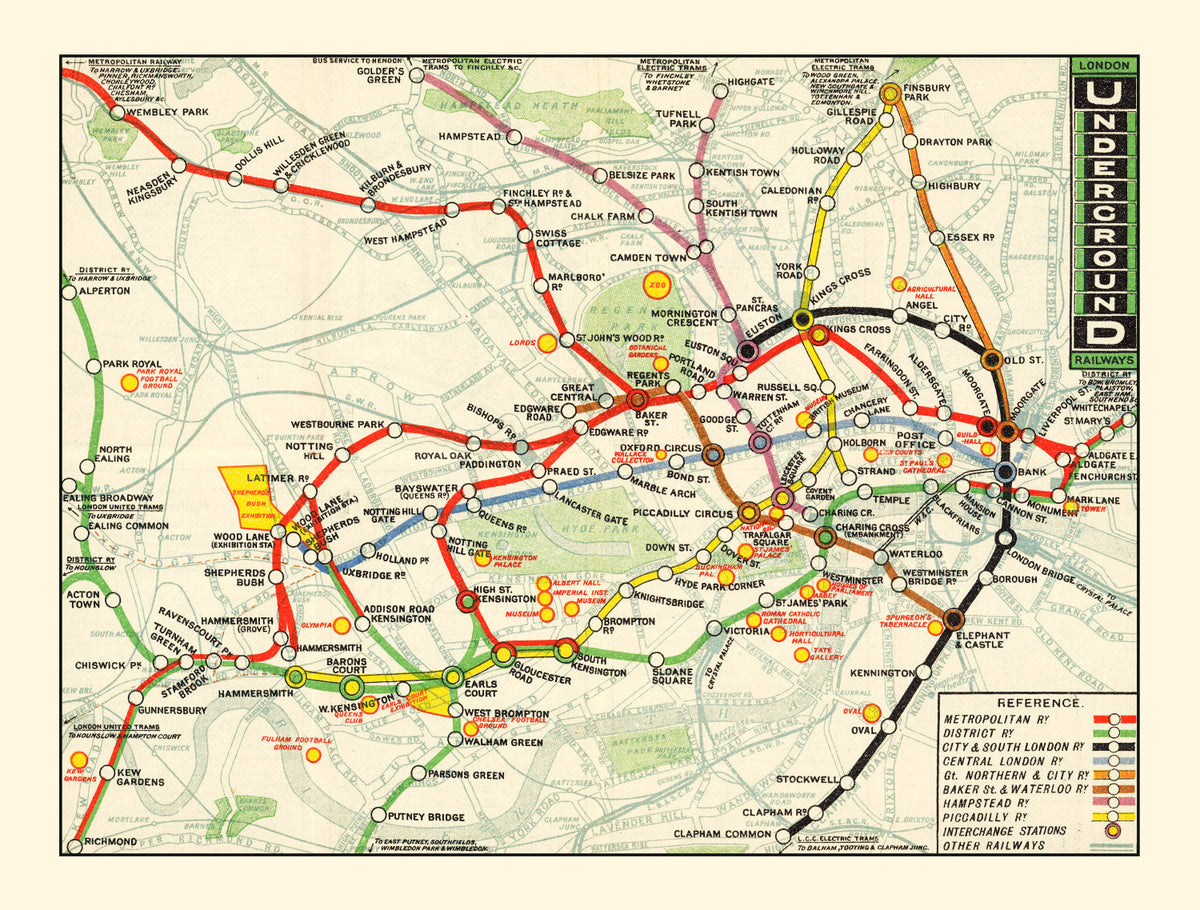 Vintage Map of the Underground Railways of London 1912