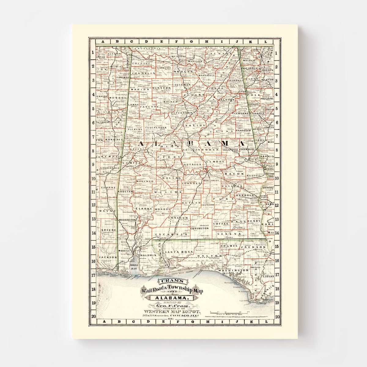 Vintage Railroad Map of Alabama 1882