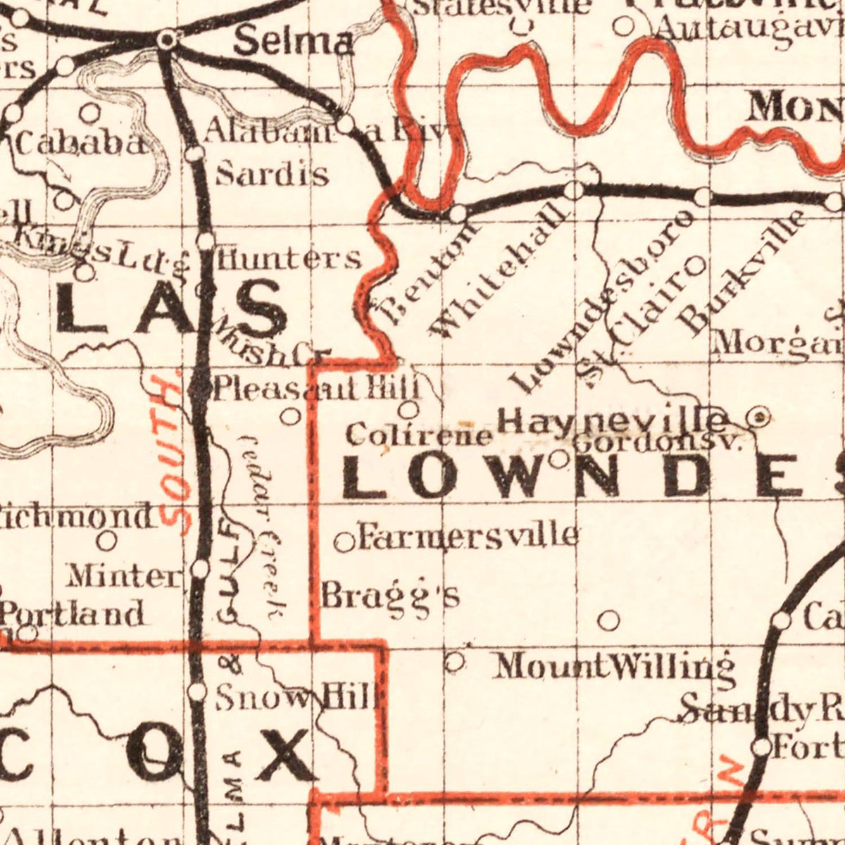 Vintage Railroad Map of Alabama 1882