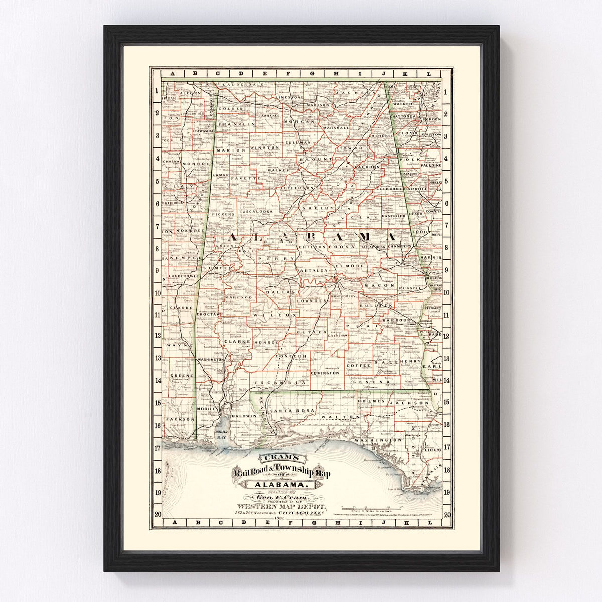 Vintage Railroad Map of Alabama 1882