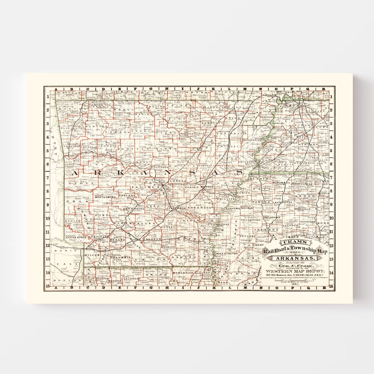 Vintage Railroad Map of Arkansas 1882