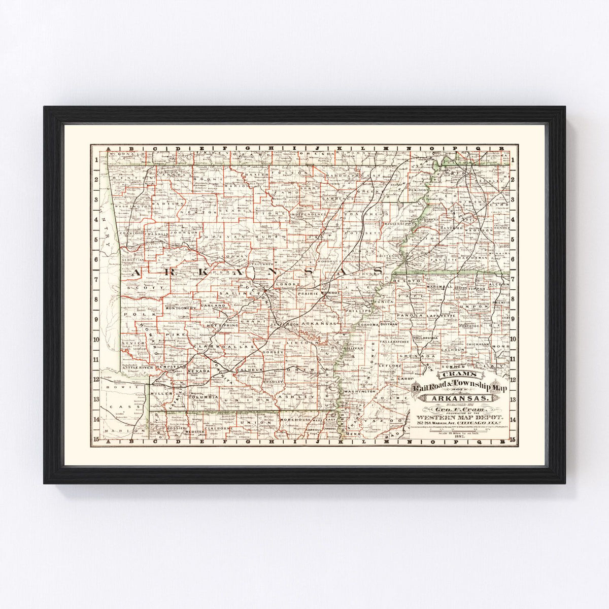 Vintage Railroad Map of Arkansas 1882