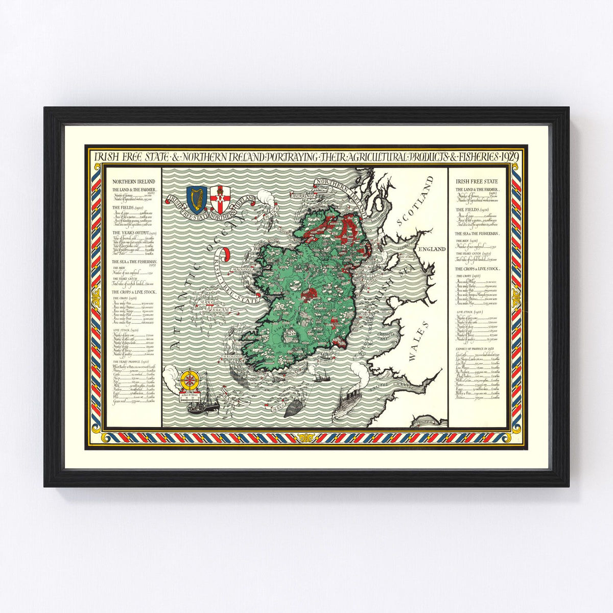Vintage Agriculture & Fisheries Map of Ireland 1929