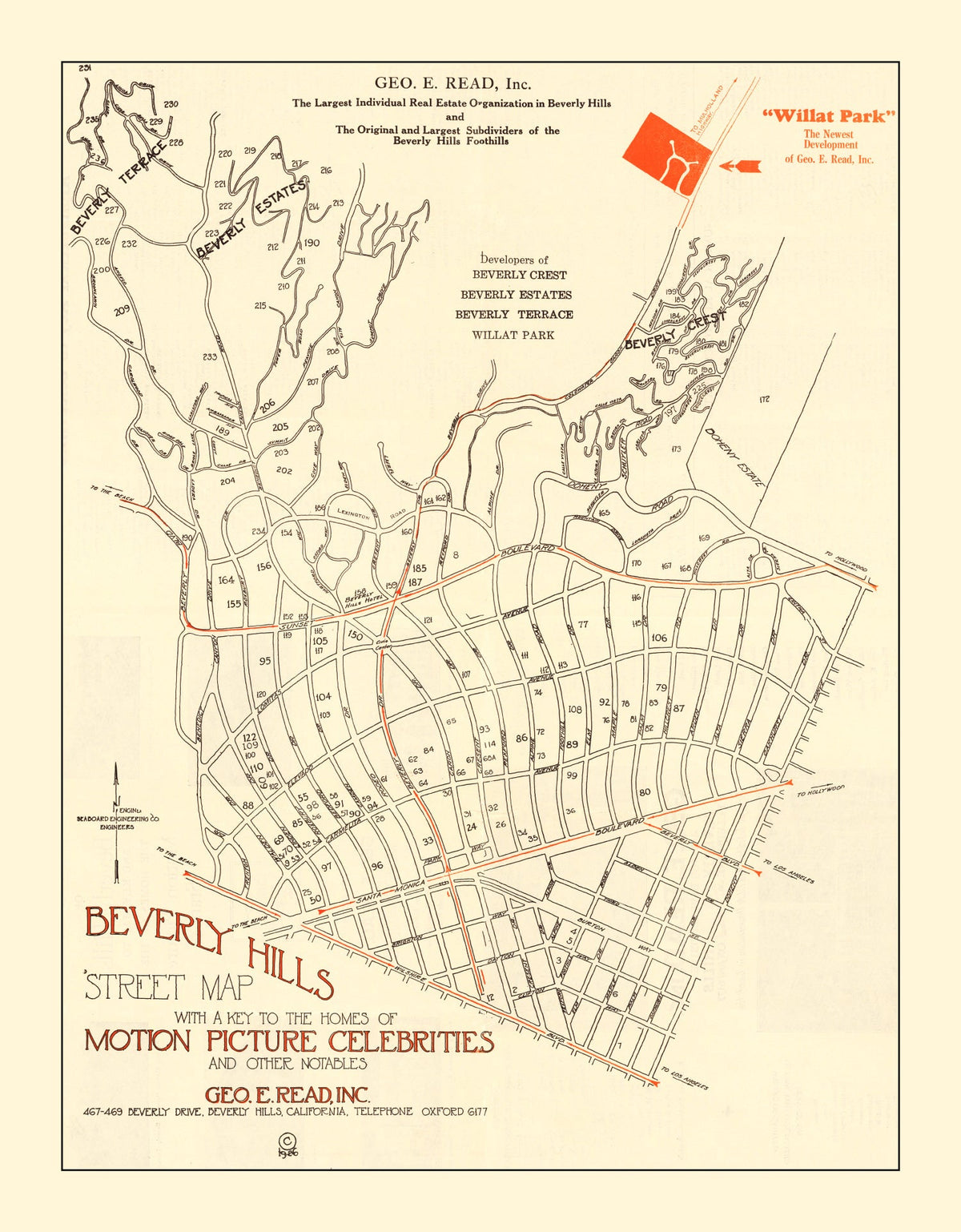 Vintage Beverly Hills, CA Street Map 1926