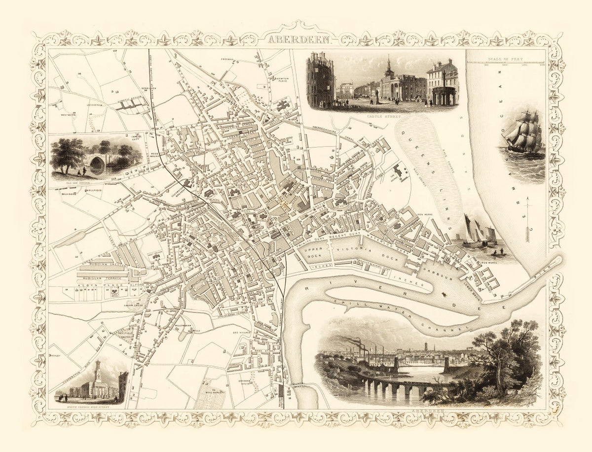 Vintage Map of Aberdeen, Scotland 1851