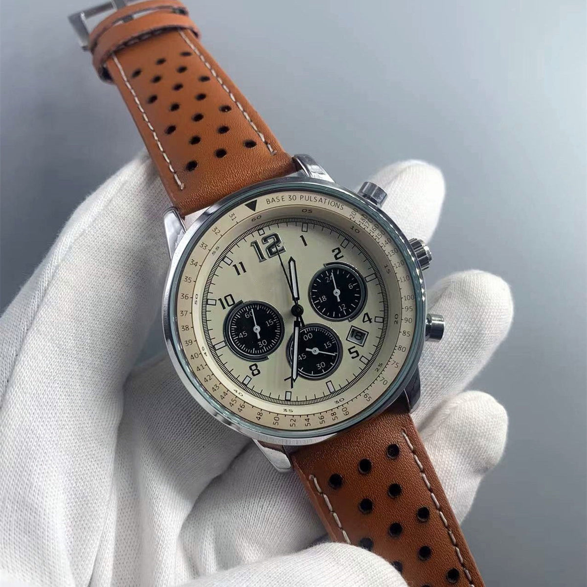 Six-hand Chronograph Quartz Watch With A Leather Strap