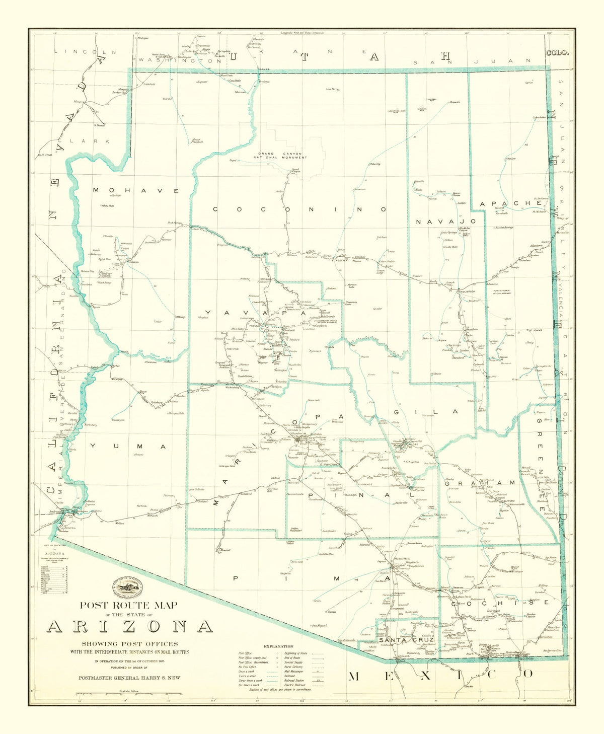 Vintage Arizona Post Route Map 1925