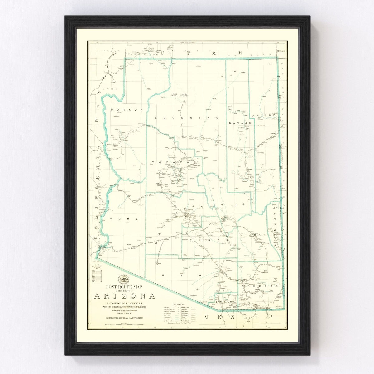 Vintage Arizona Post Route Map 1925