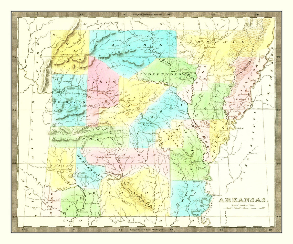 Vintage Map of Arkansas 1836