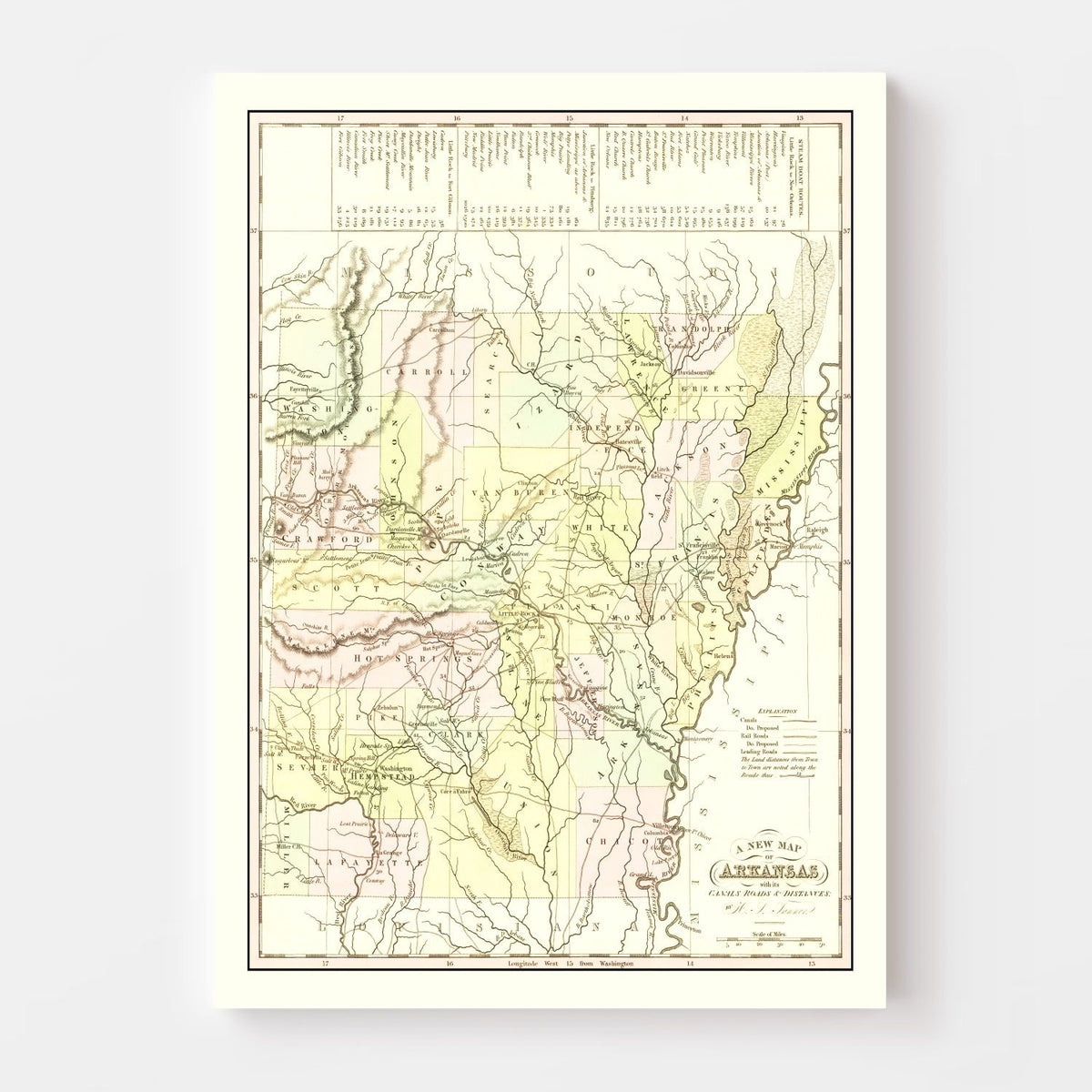 Vintage Map of Arkansas 1836