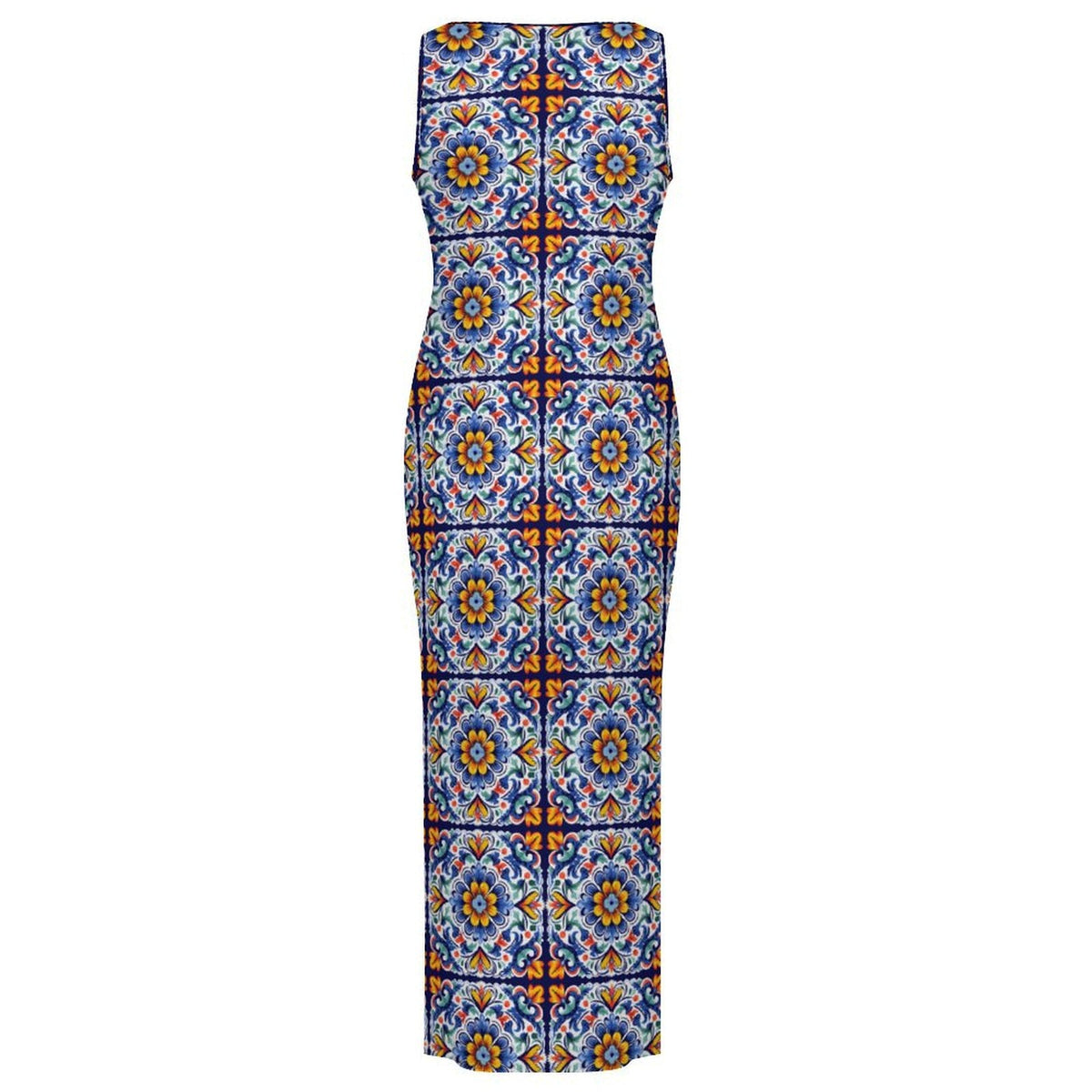 Baha Ranch Colores de Mexico Talavera Sleeveless Bodycon Side Slit Long Dress