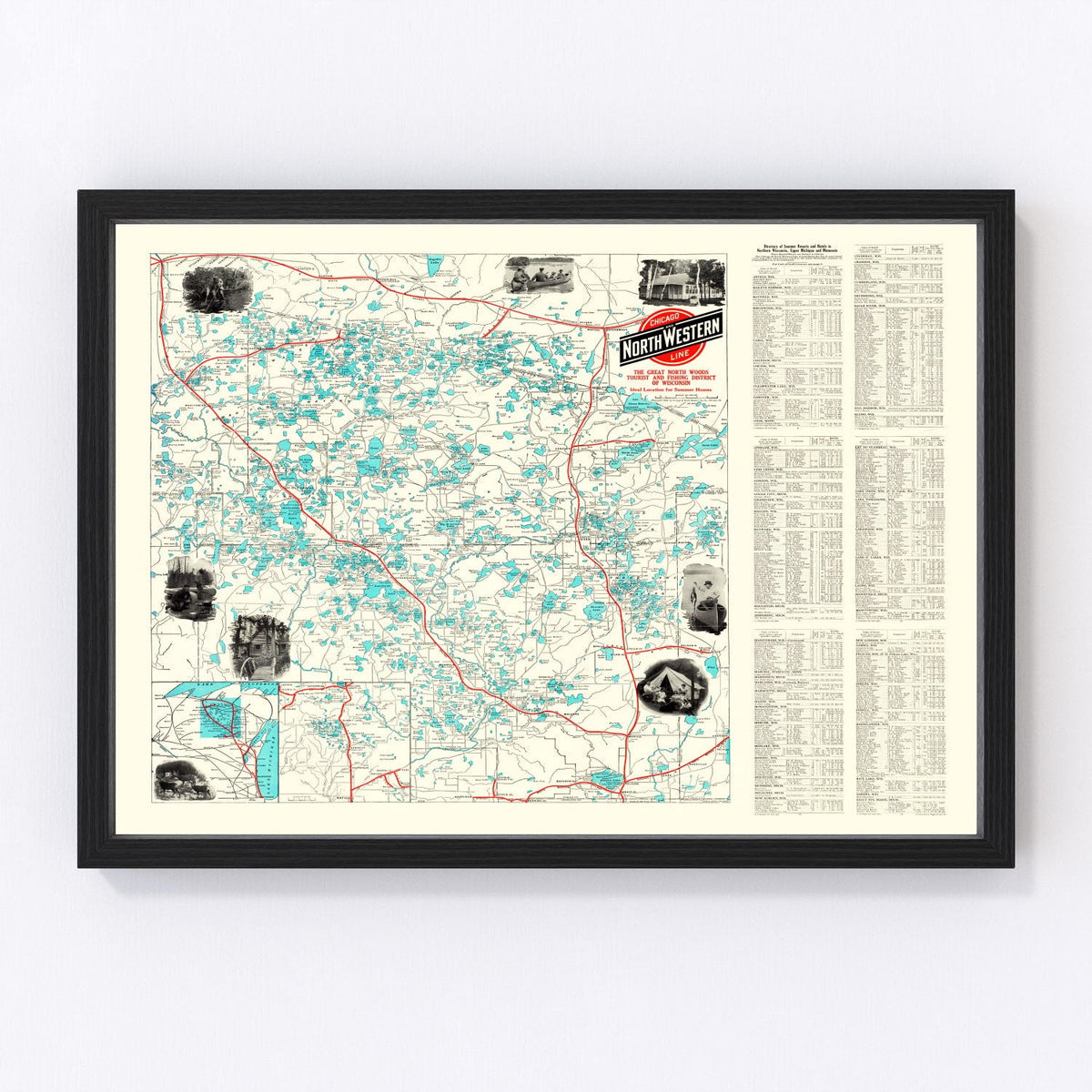 Vintage Map of Wisconsin North Woods Lakes, 1922