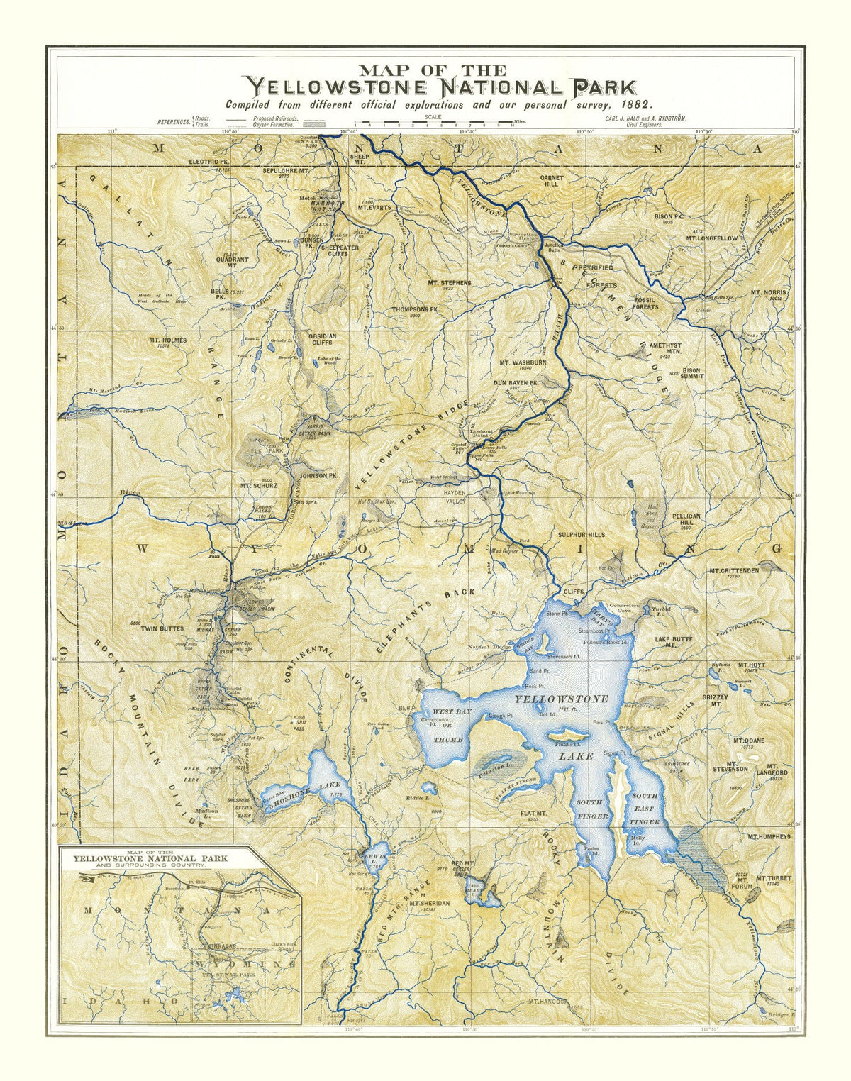 Vintage Map of Yellowstone National Park, 1882