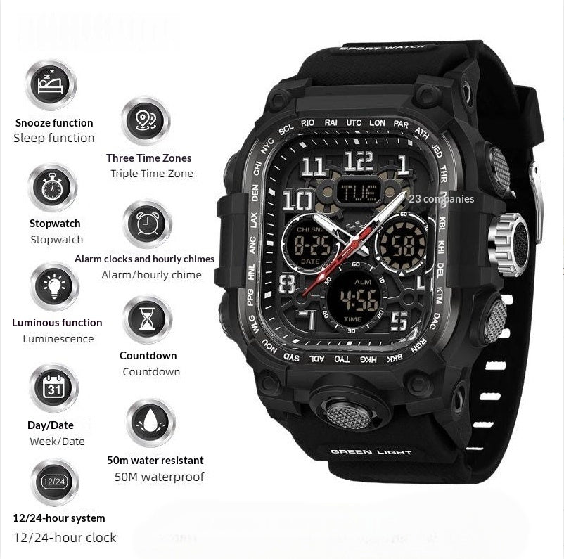 Square Digital Watch Waterproof Sports Countdown Timer Multifunctional Outdoor Hiking Wristwatch For Men